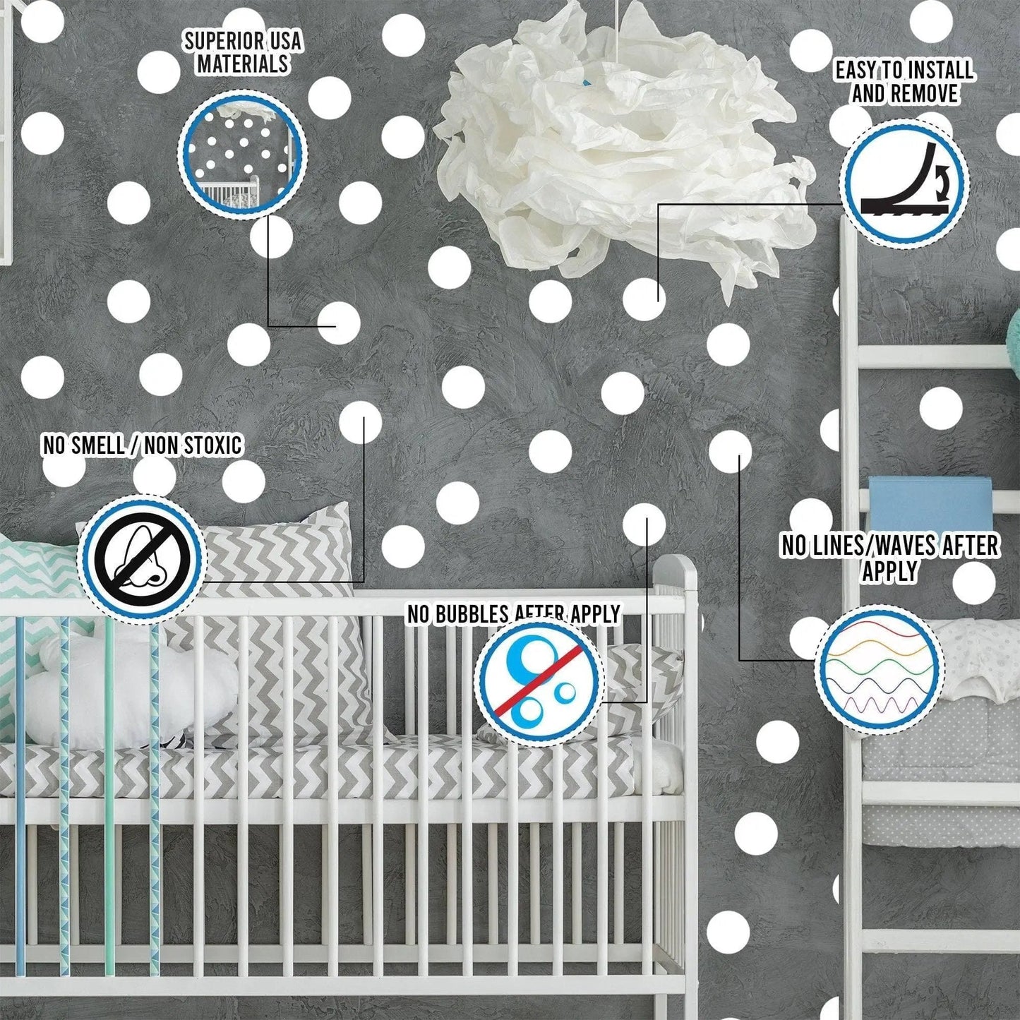 White round circle dot stickers in a nursery, showcasing easy installation and no damage on removal.