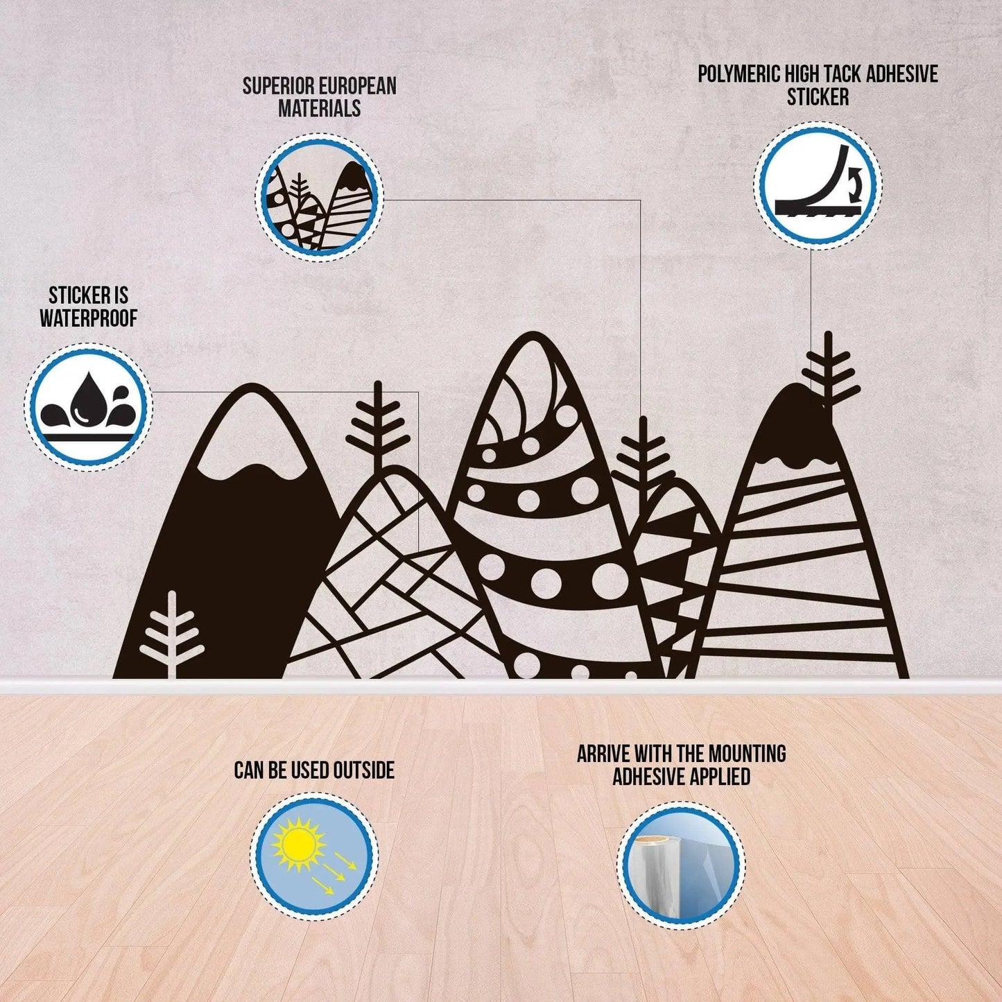 Waterproof mountain wall sticker design featuring trees and patterns, ideal for indoor and outdoor use.