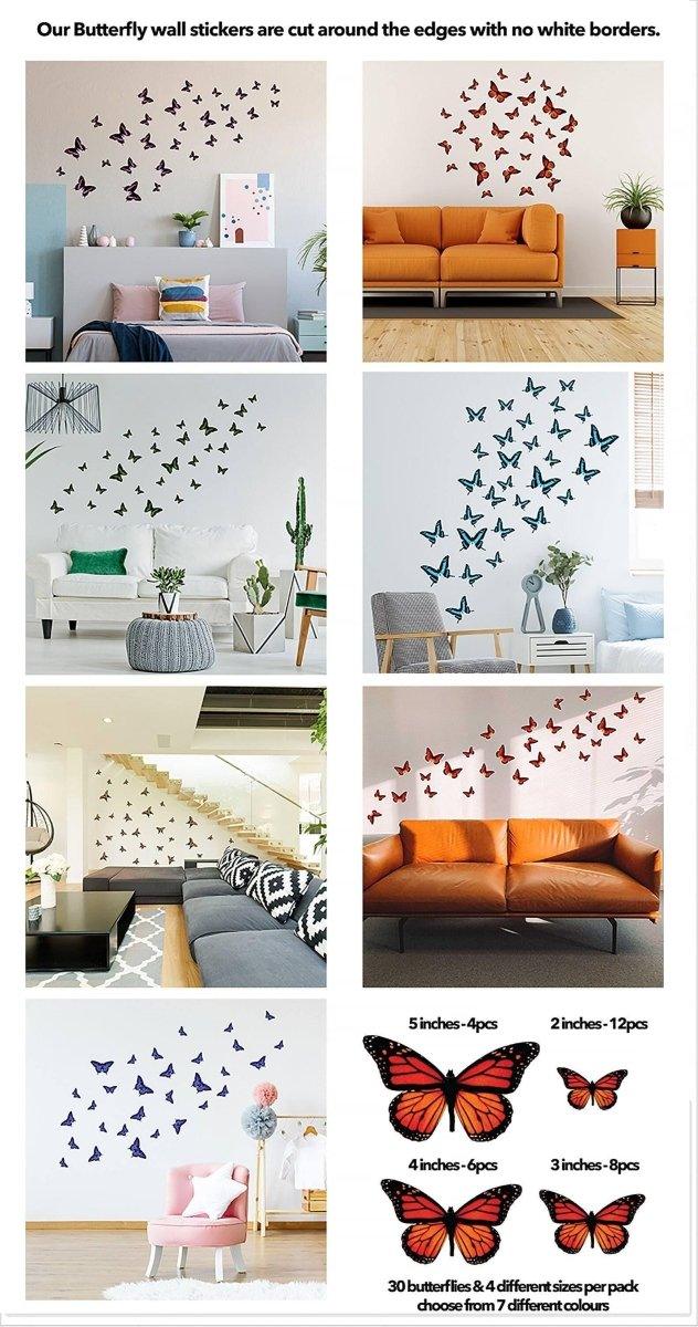30 butterfly wall decor stickers showcased in various room settings, featuring vibrant designs and different sizes.