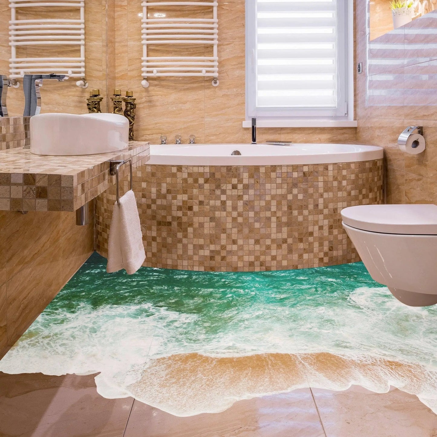 Underwater oasis themed wall decal stickers in a bathroom with ocean floor design, enhancing decor.
