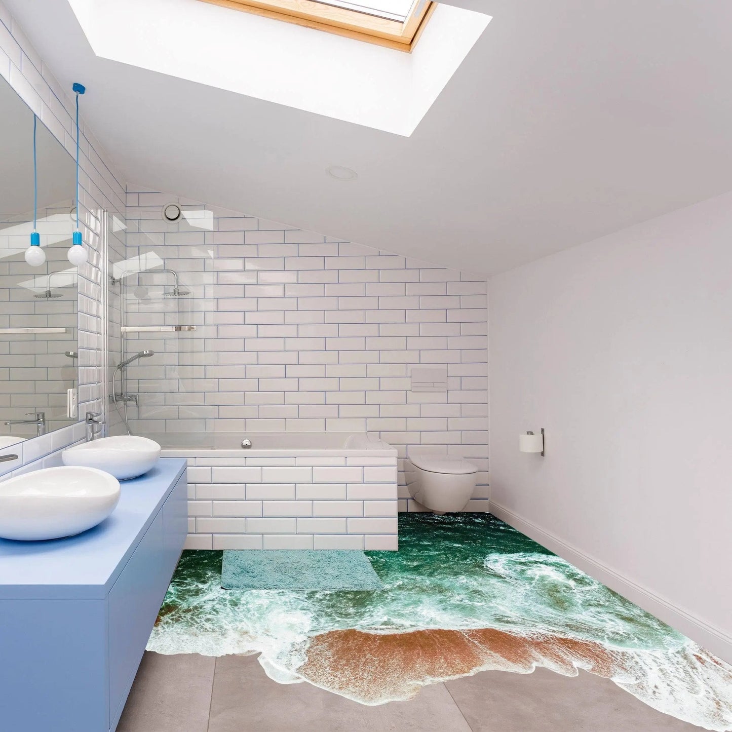 Underwater oasis themed wall decal stickers enhancing a modern bathroom decor with ocean floor design.