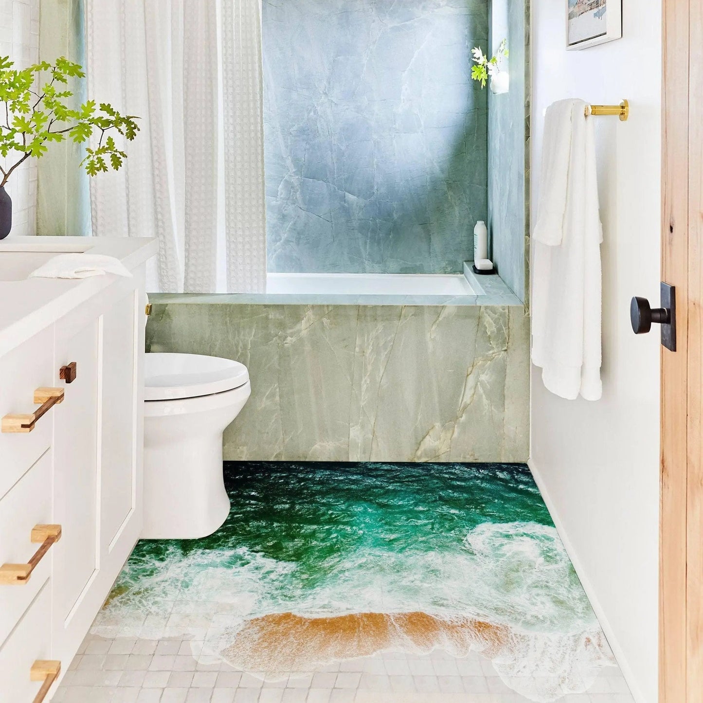 Underwater oasis themed bathroom with 3D sea floor wall decals and vibrant ocean colors.