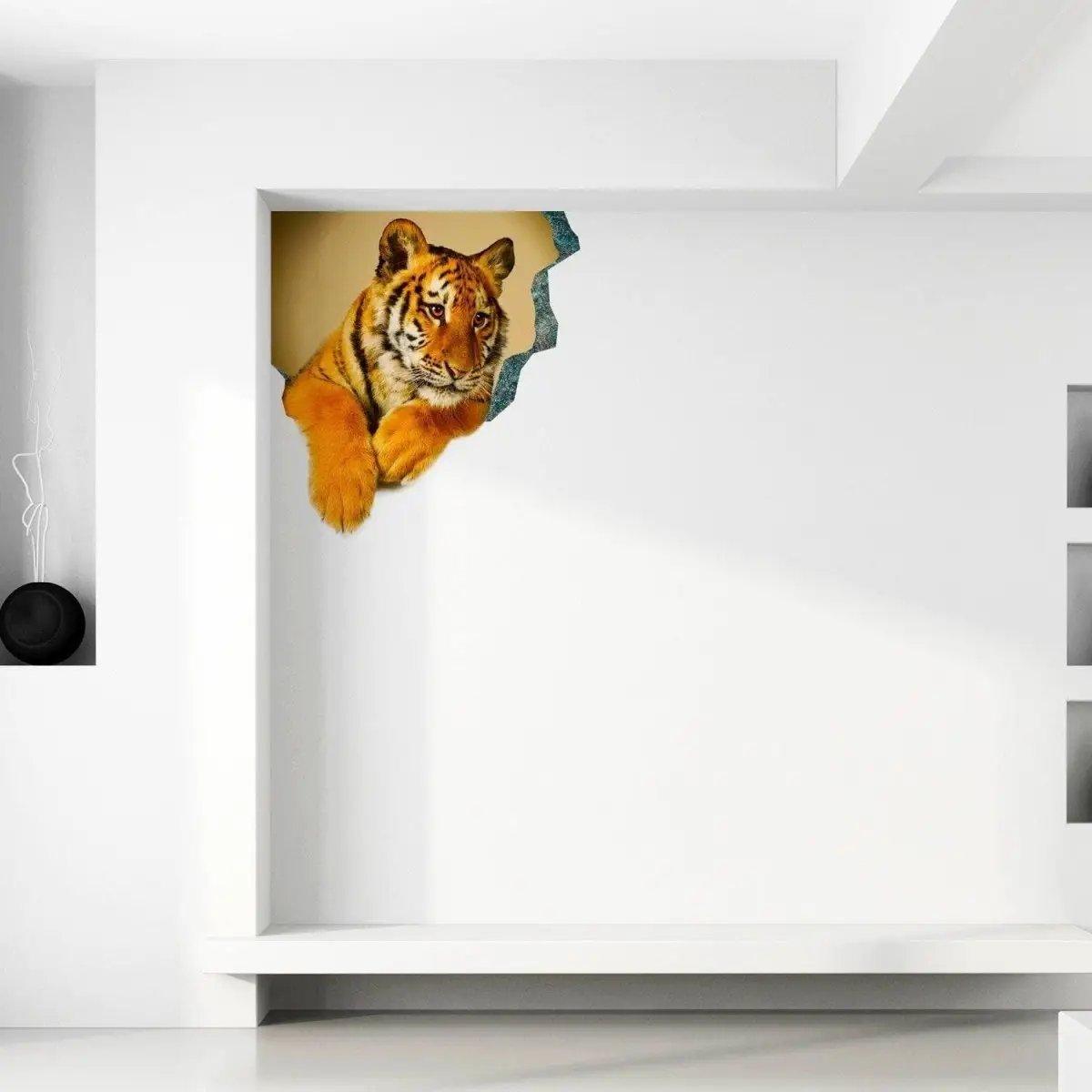 3D tiger wall decal creating an optical illusion, enhancing modern bedroom decor with vibrant colors.