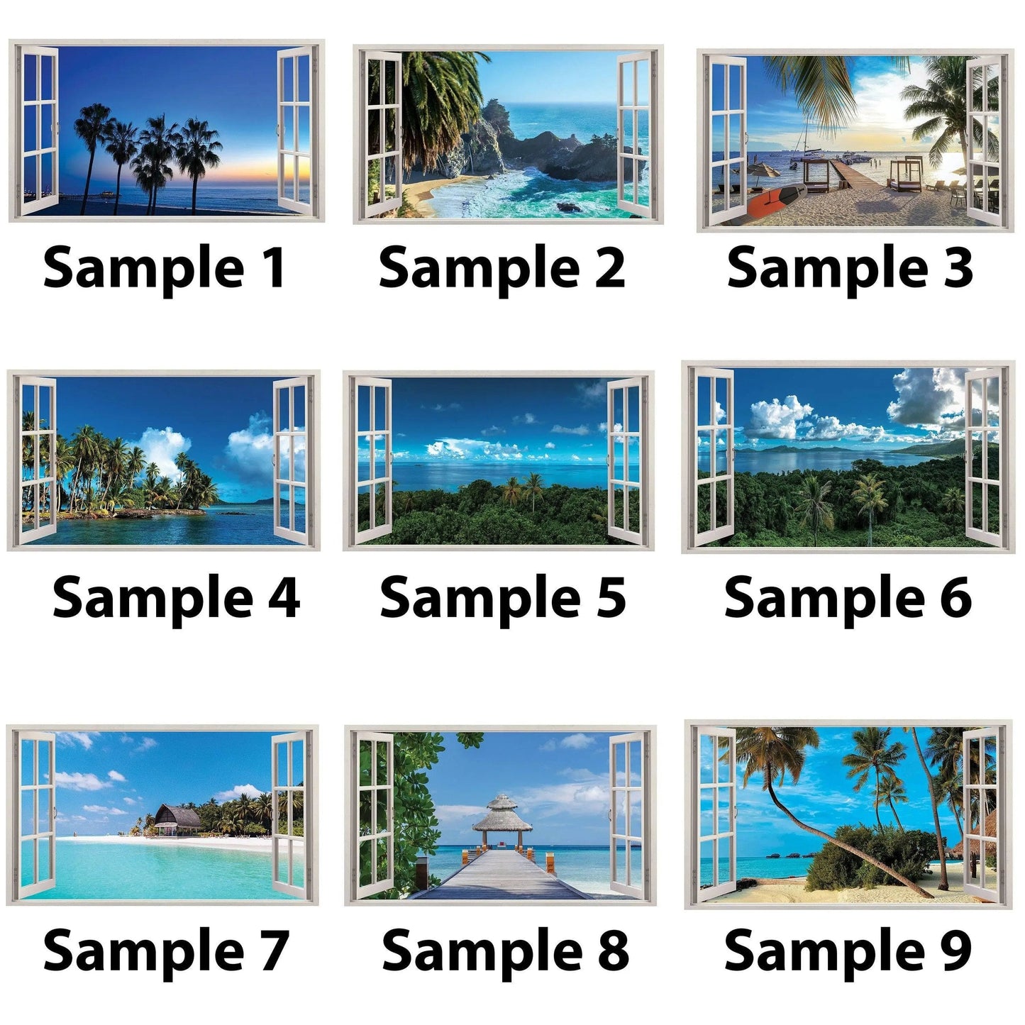 Tropical paradise wall sticker samples showcasing various beach views through open windows.