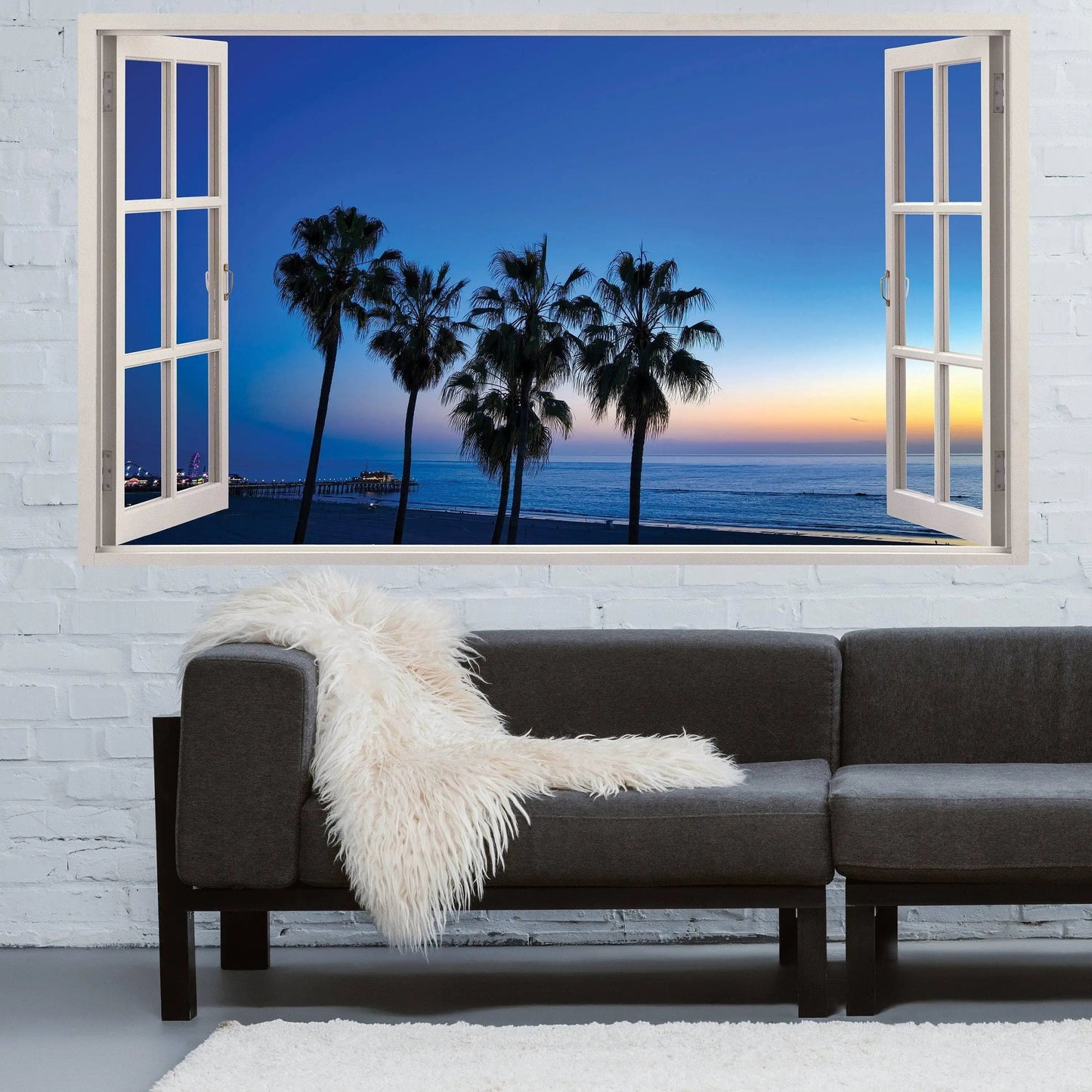 3D tropical beach view wall sticker with open windows, palm trees, and ocean sunset for home décor.