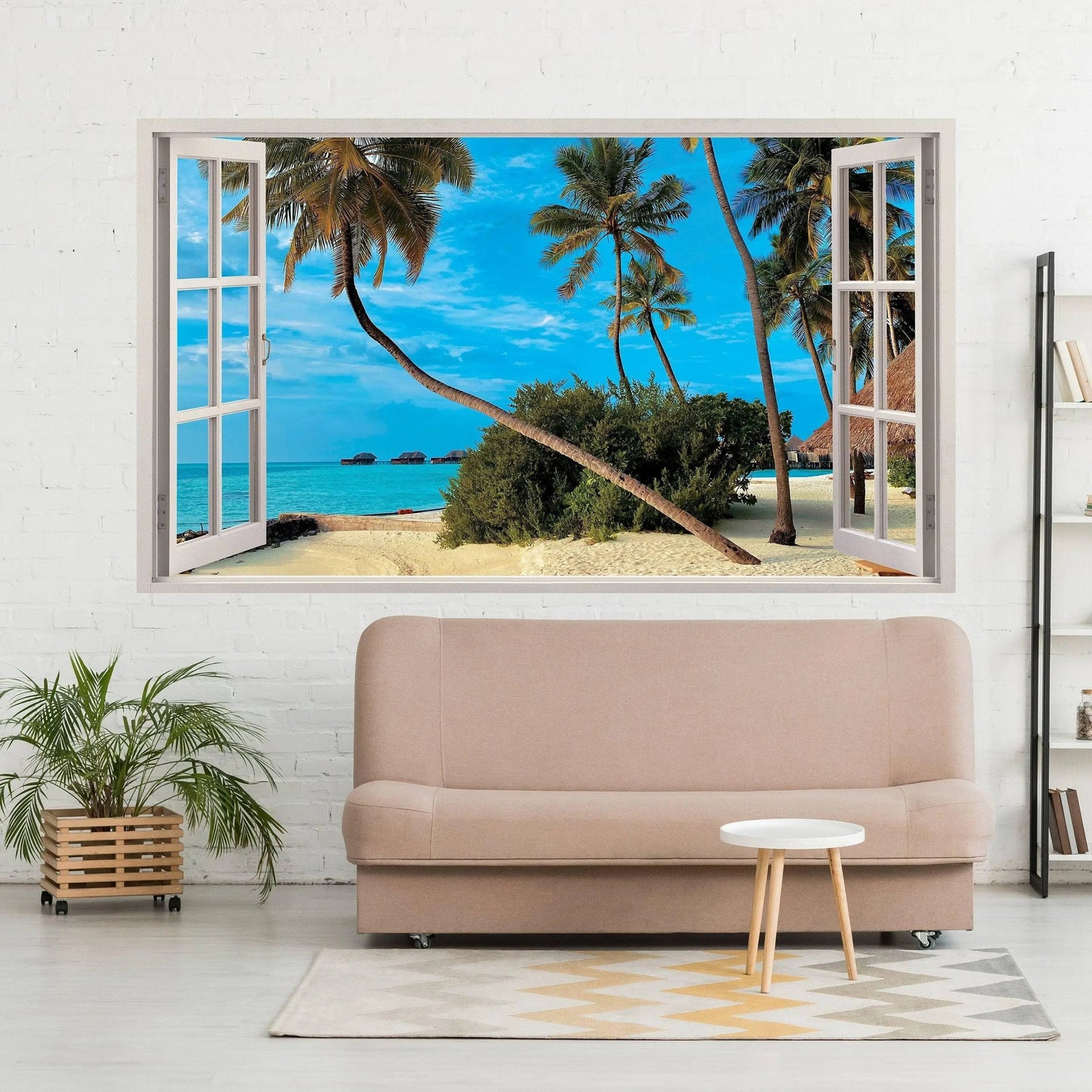 3D tropical beach view wall sticker in a stylish interior, showcasing palm trees and ocean view.