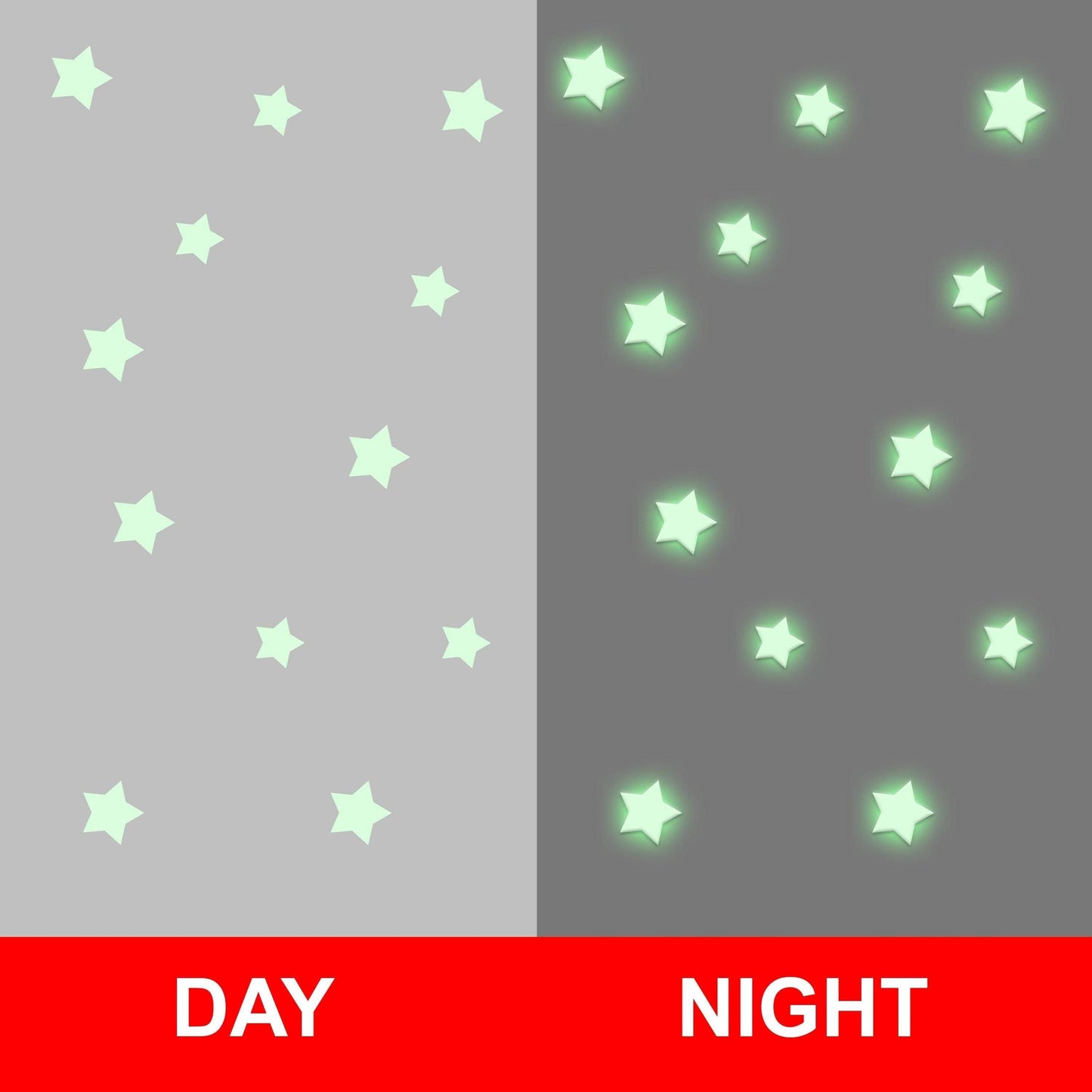 Comparison of star stickers during day and night, highlighting glowing effect of Glow In The Dark Stars.