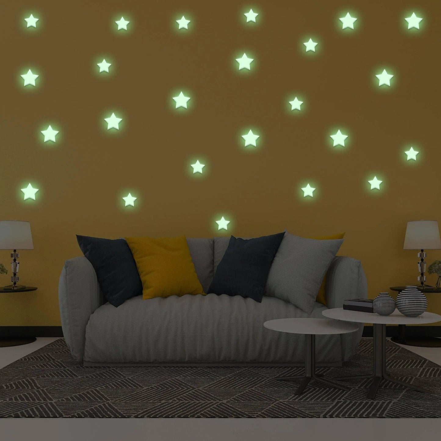 Glow in the dark star stickers on a wall above a cozy couch, creating a celestial scene in a child's room.
