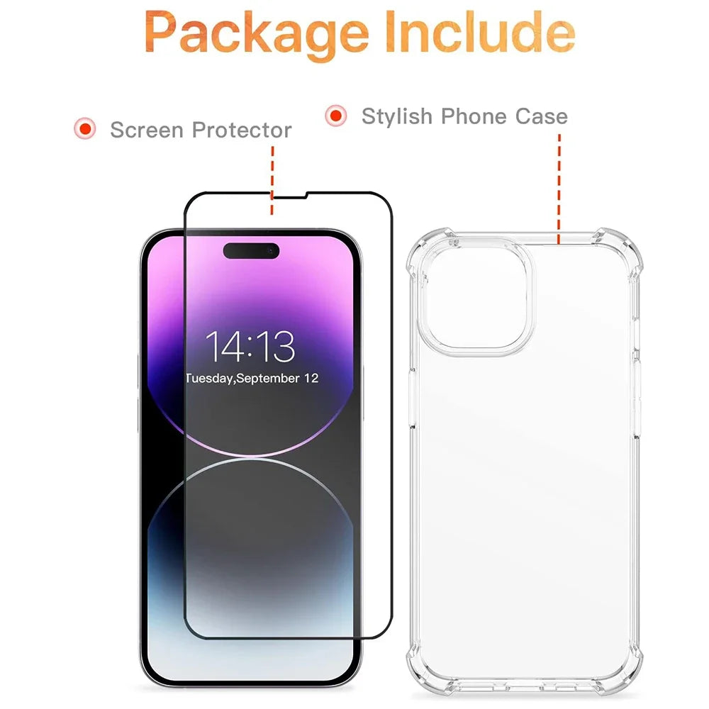 Clear IPHONE Case and Anti-Burst Screen Protector (Transparent Case+Tempered Glass)