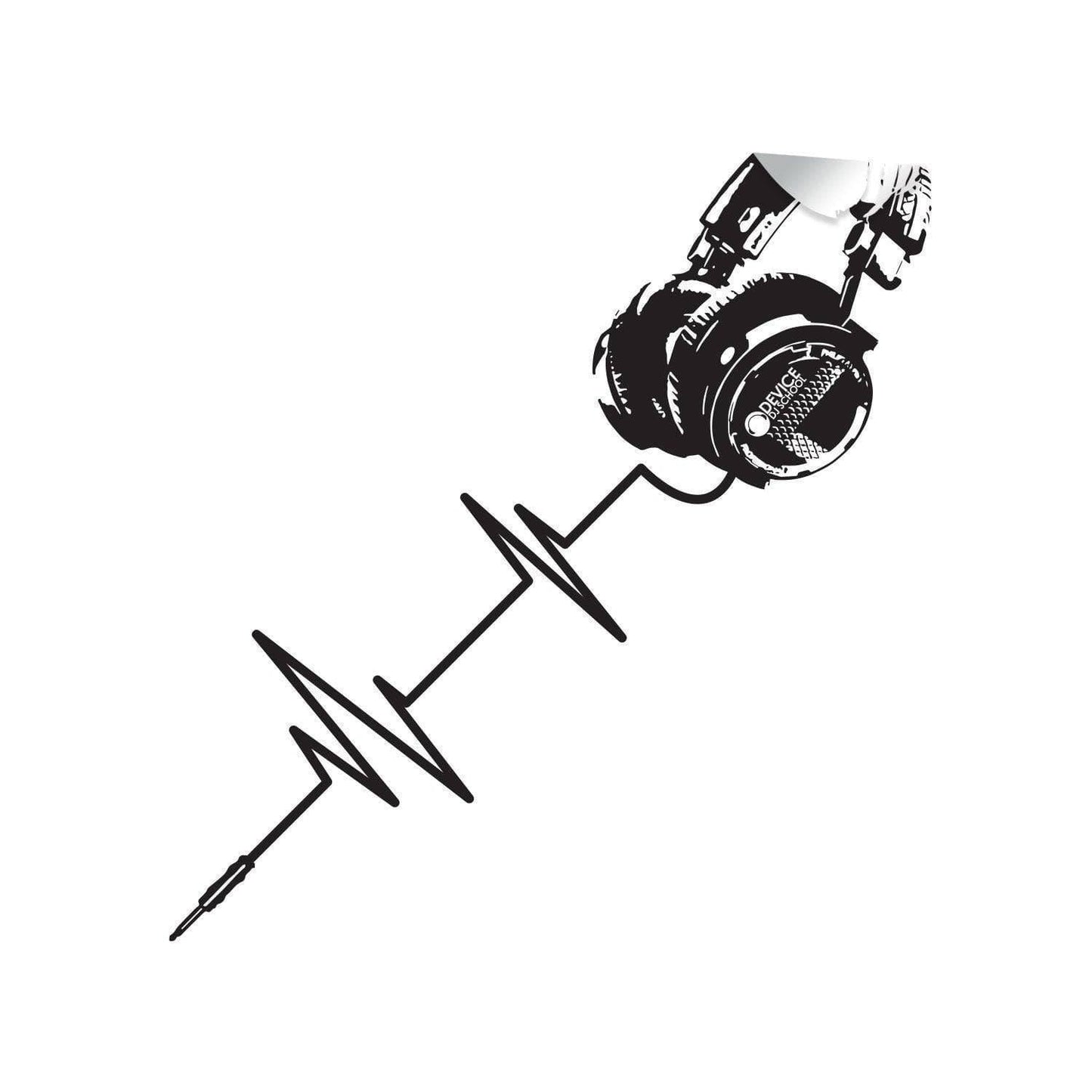 Black and white vinyl wall decal of headphones with a sound wave design, perfect for music lovers.