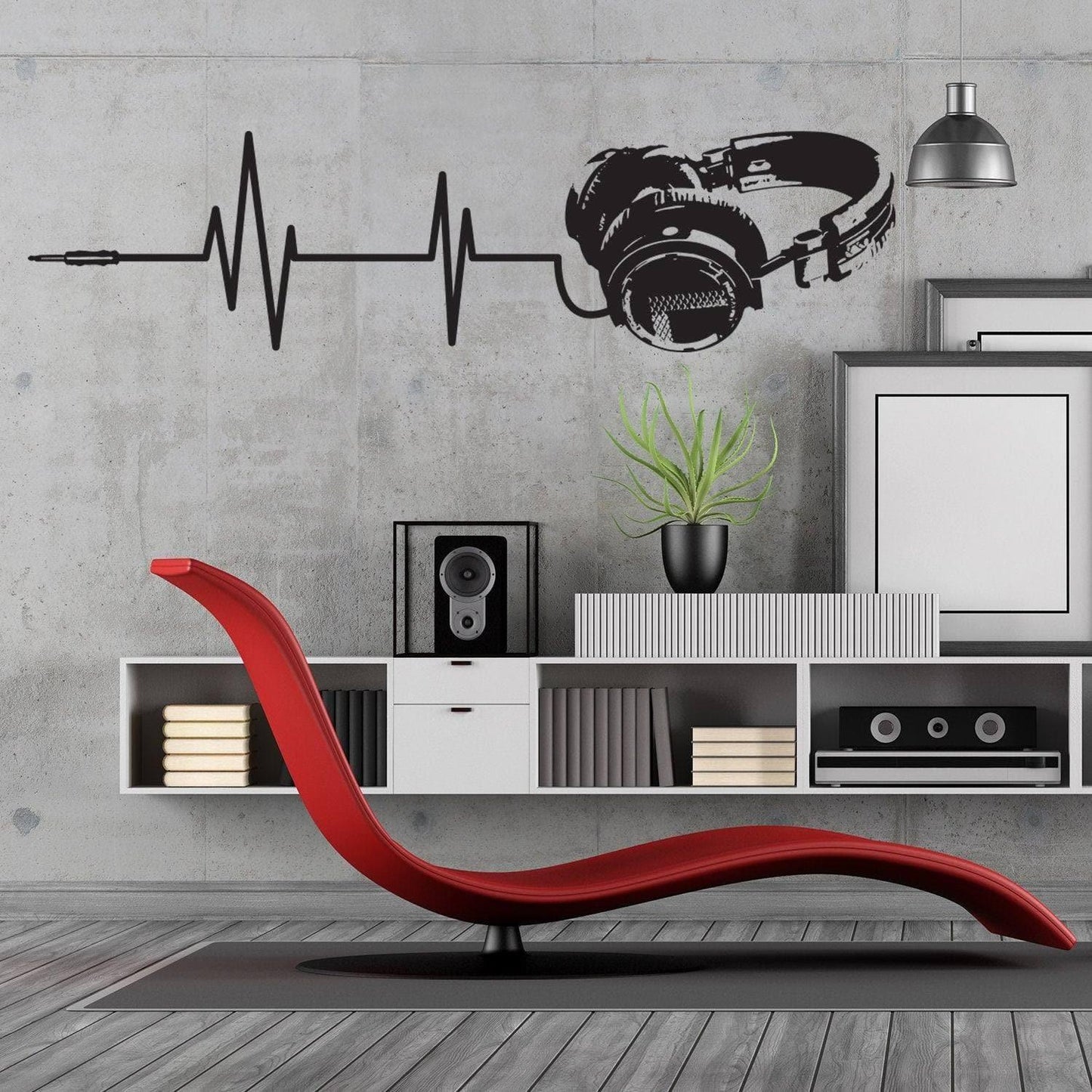 Stylish vinyl wall decal of headphones and sound wave in modern interior design.