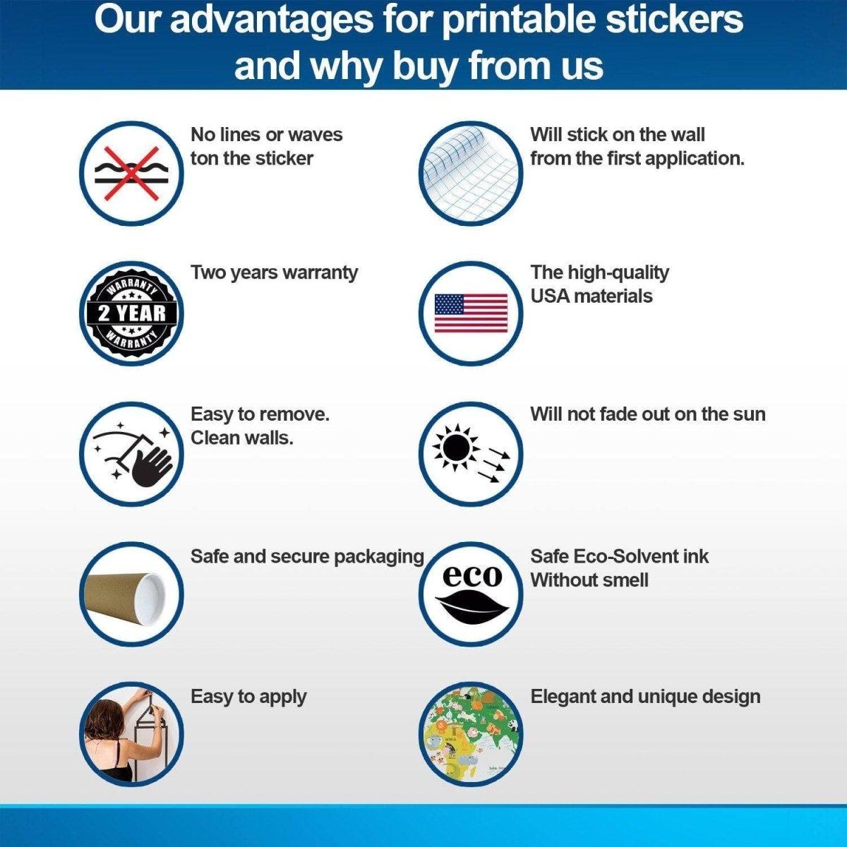 Infographic listing advantages of printable stickers including durability, easy application, and eco-friendly materials.