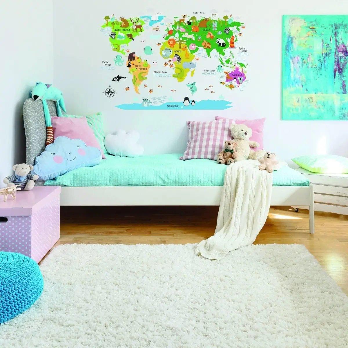 Kids room featuring a colorful world map wall decal, perfect for adding adventure to any child's space.