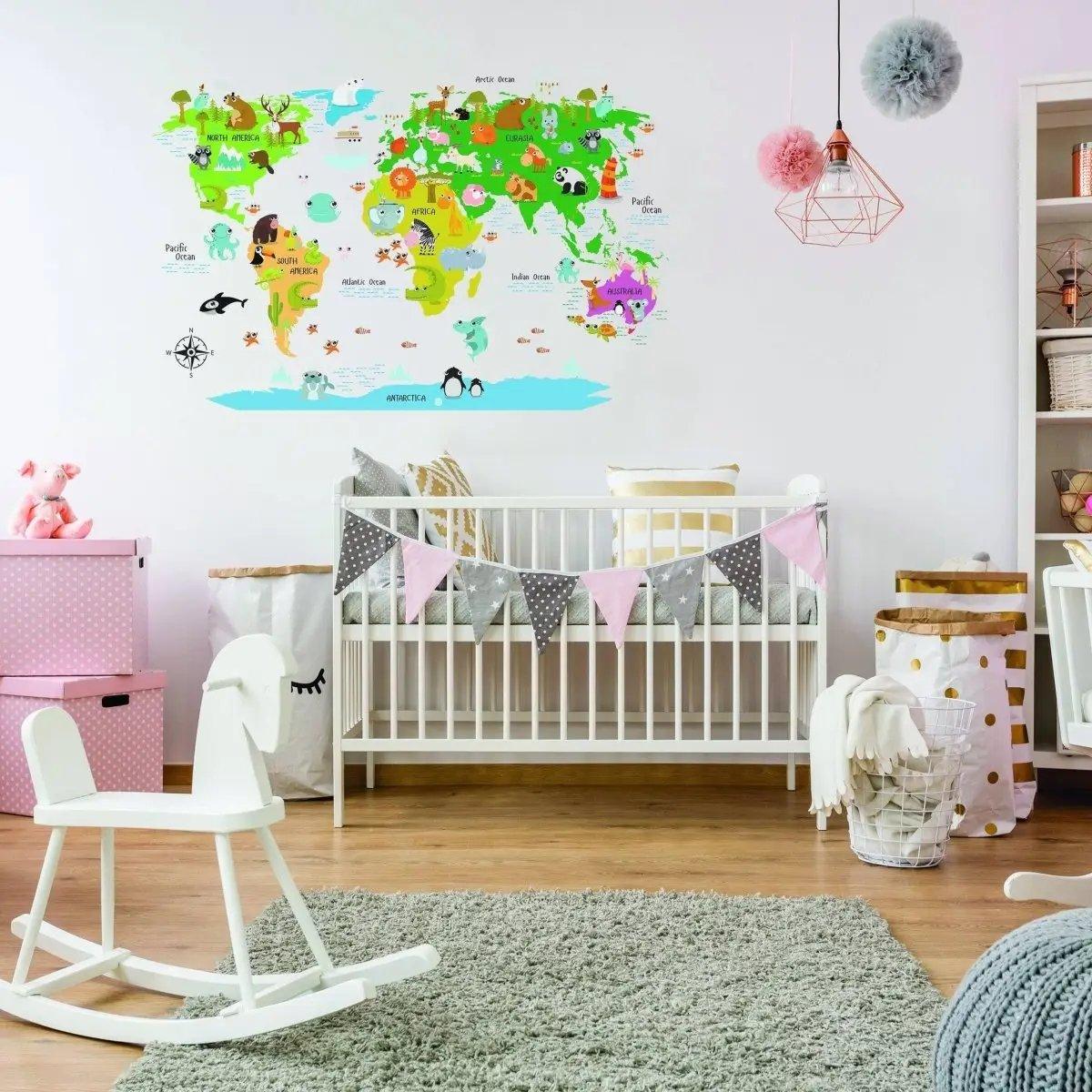 Kids world map wall decal featuring colorful animals and landmarks, perfect for a nursery or child's room decor.