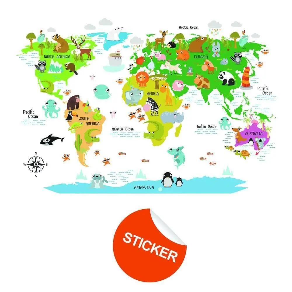 Colorful kids world map wall decal featuring animals and oceans, perfect for a child's room decor.