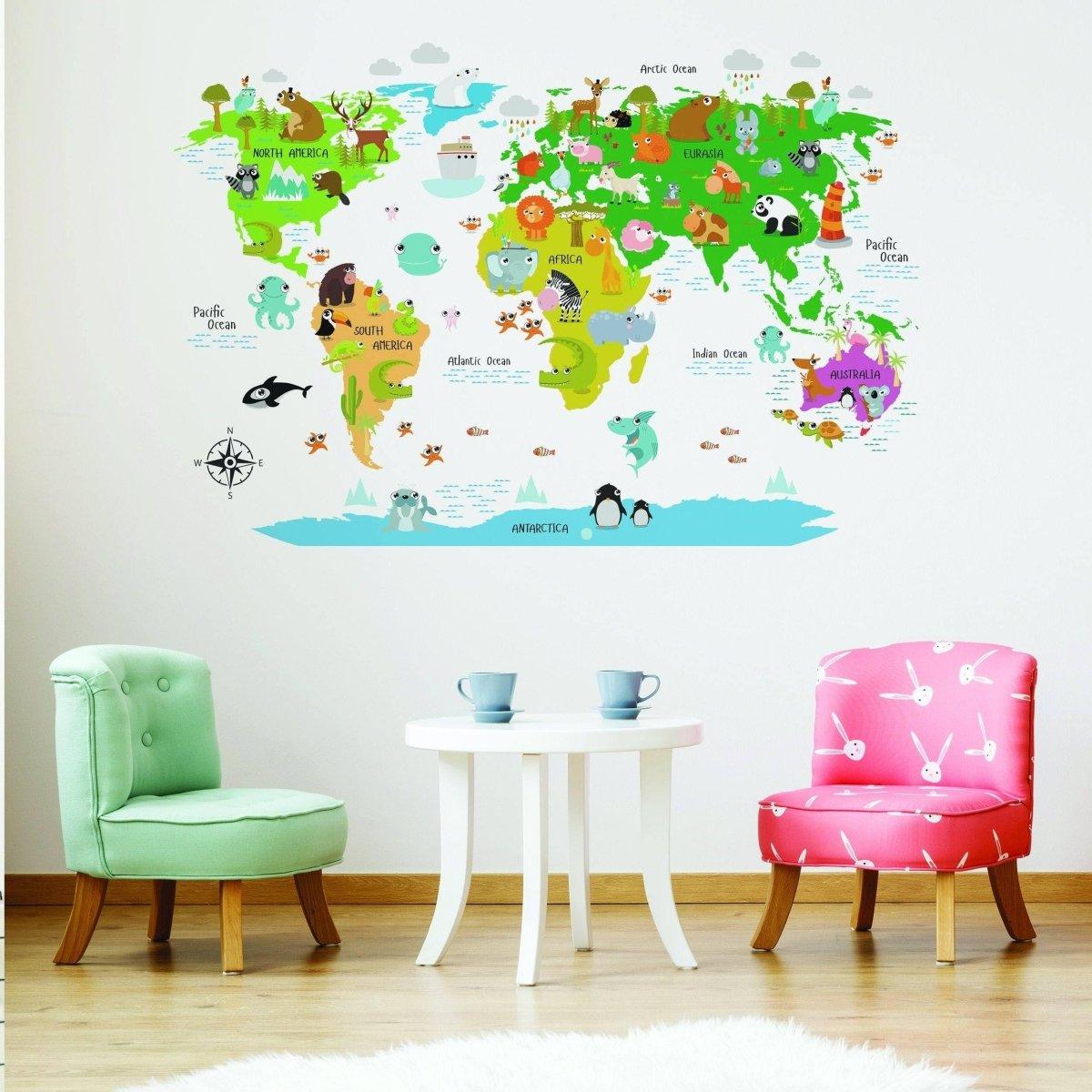 Colorful world map wall decal for kids featuring animals and oceans, perfect for adventurous children's rooms.