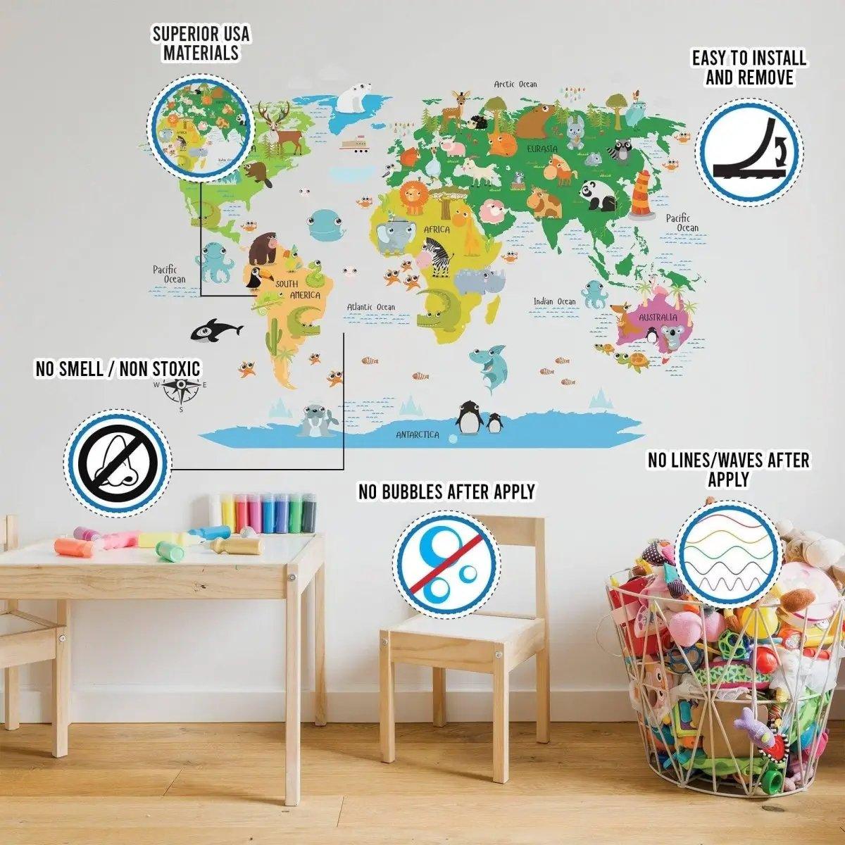 Colorful world map wall decal in a child's room, showcasing easy application and no bubbles or smell.
