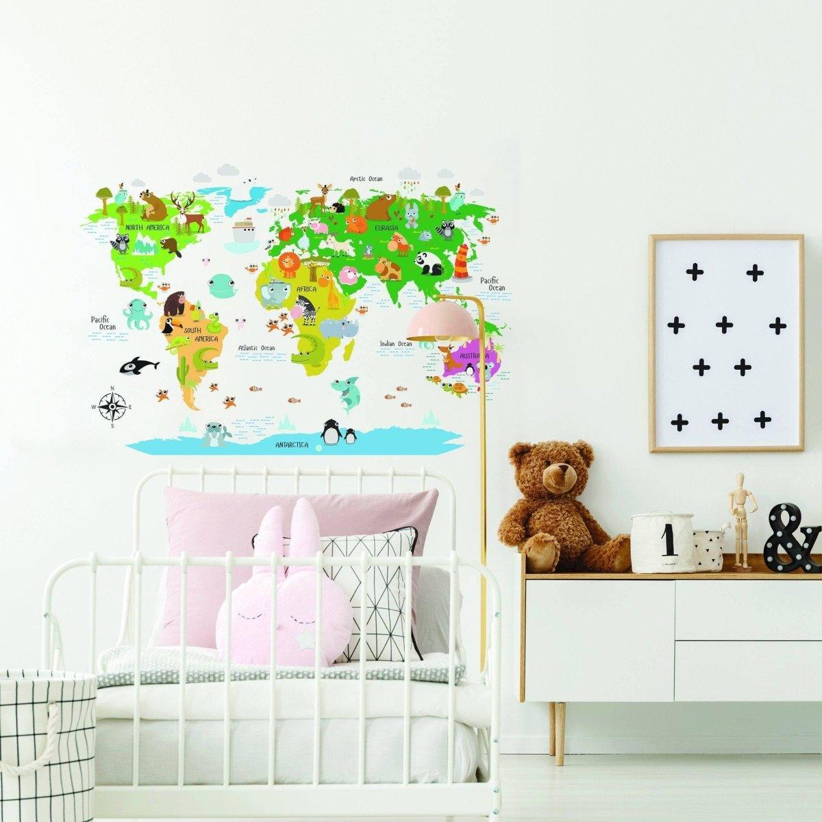 Kids world map wall decal featuring animals and icons, ideal for a playful child's room decor.
