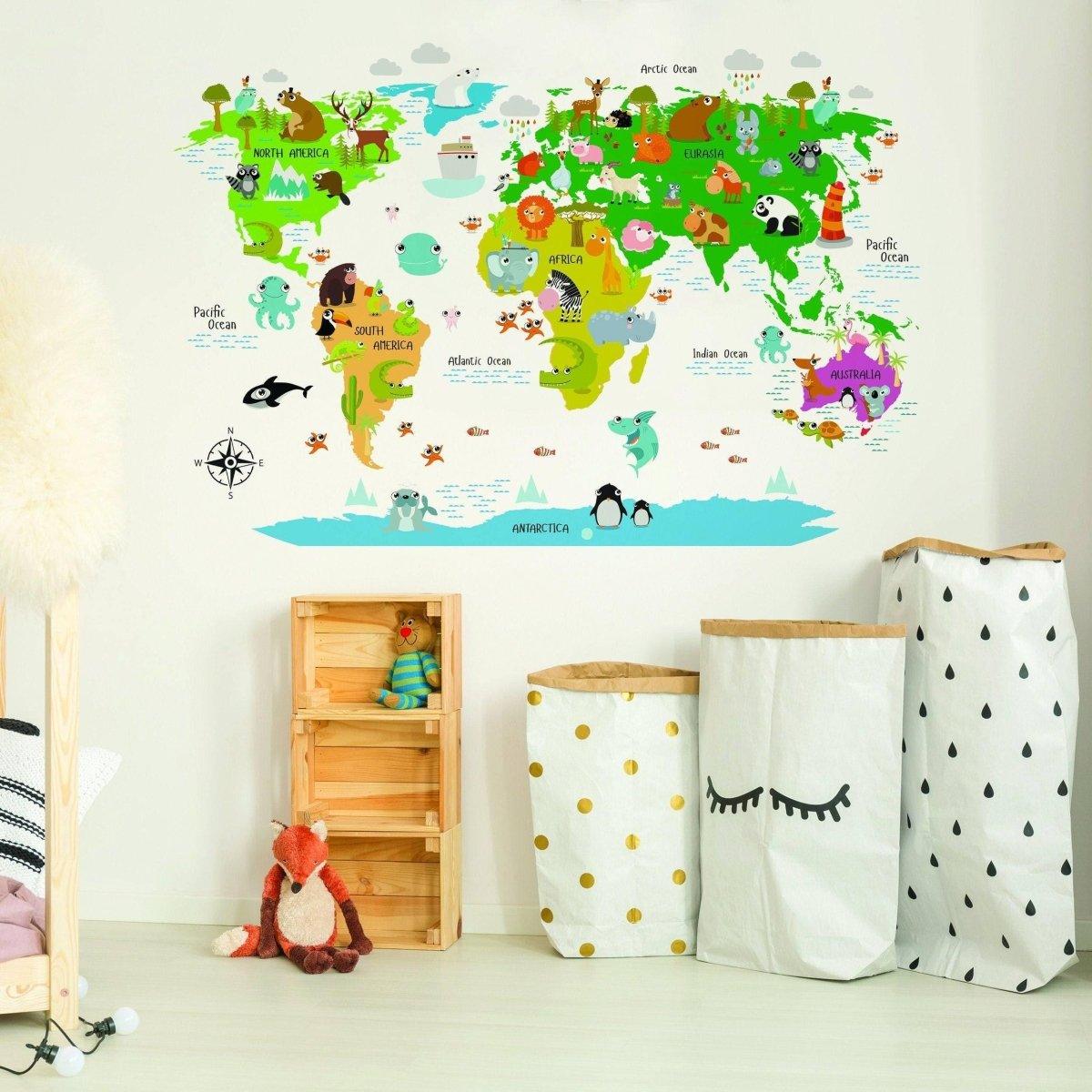 Kids world map wall decal featuring colorful animals and continents, perfect for children's room decor.