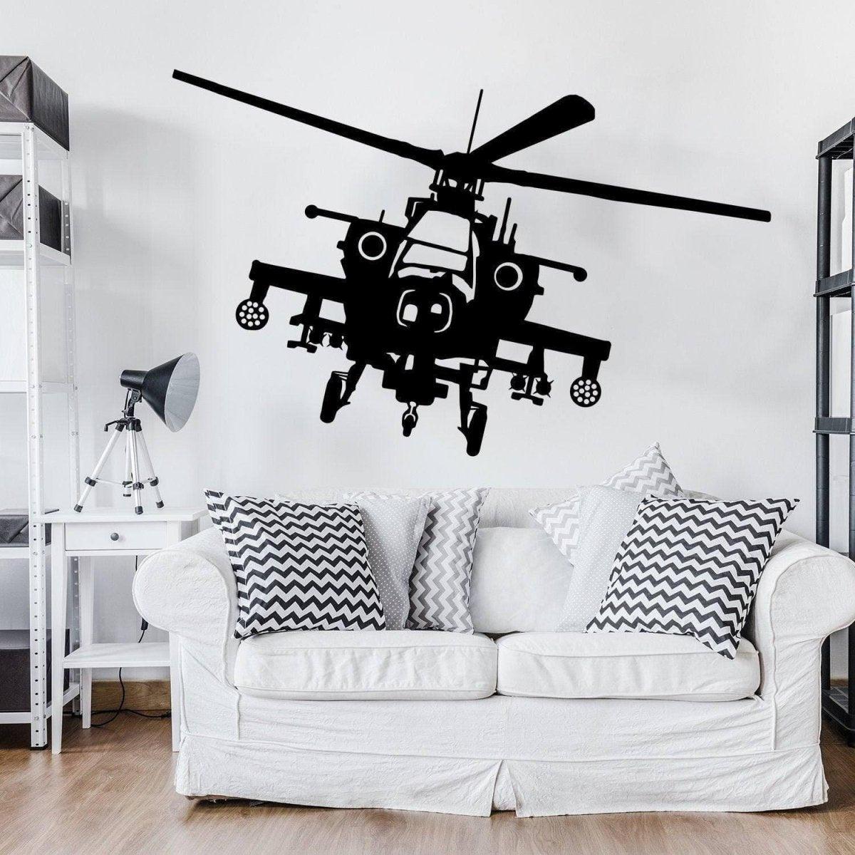 Aviator Dream Helicopter Wall Decal displayed on a living room wall above a white couch with patterned pillows.