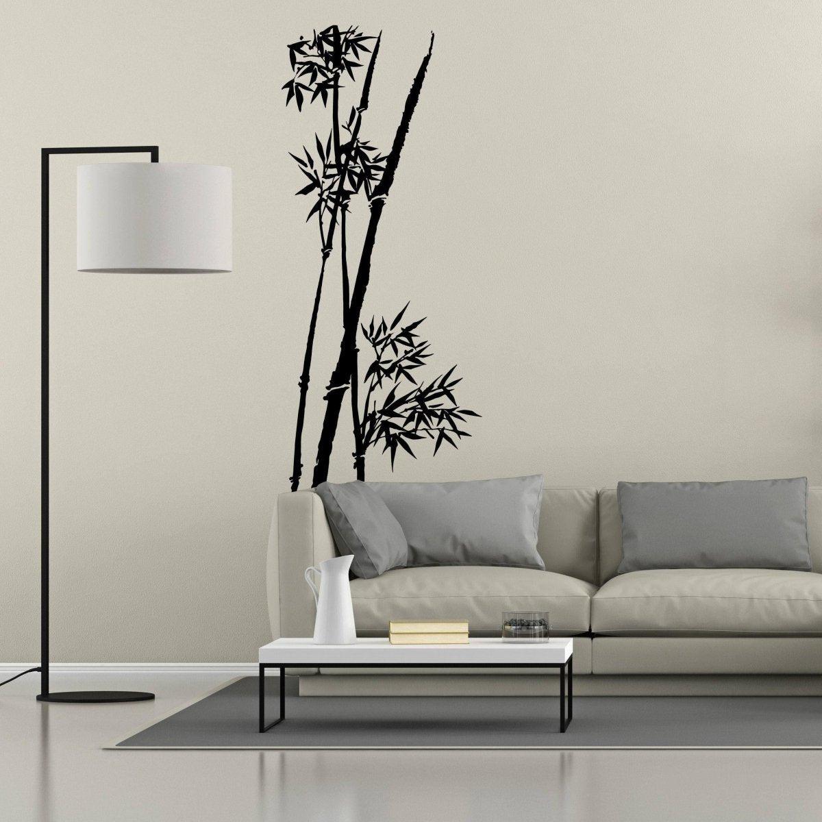 Bamboo wall art decal in a modern living room, adding a tropical touch to the decor.