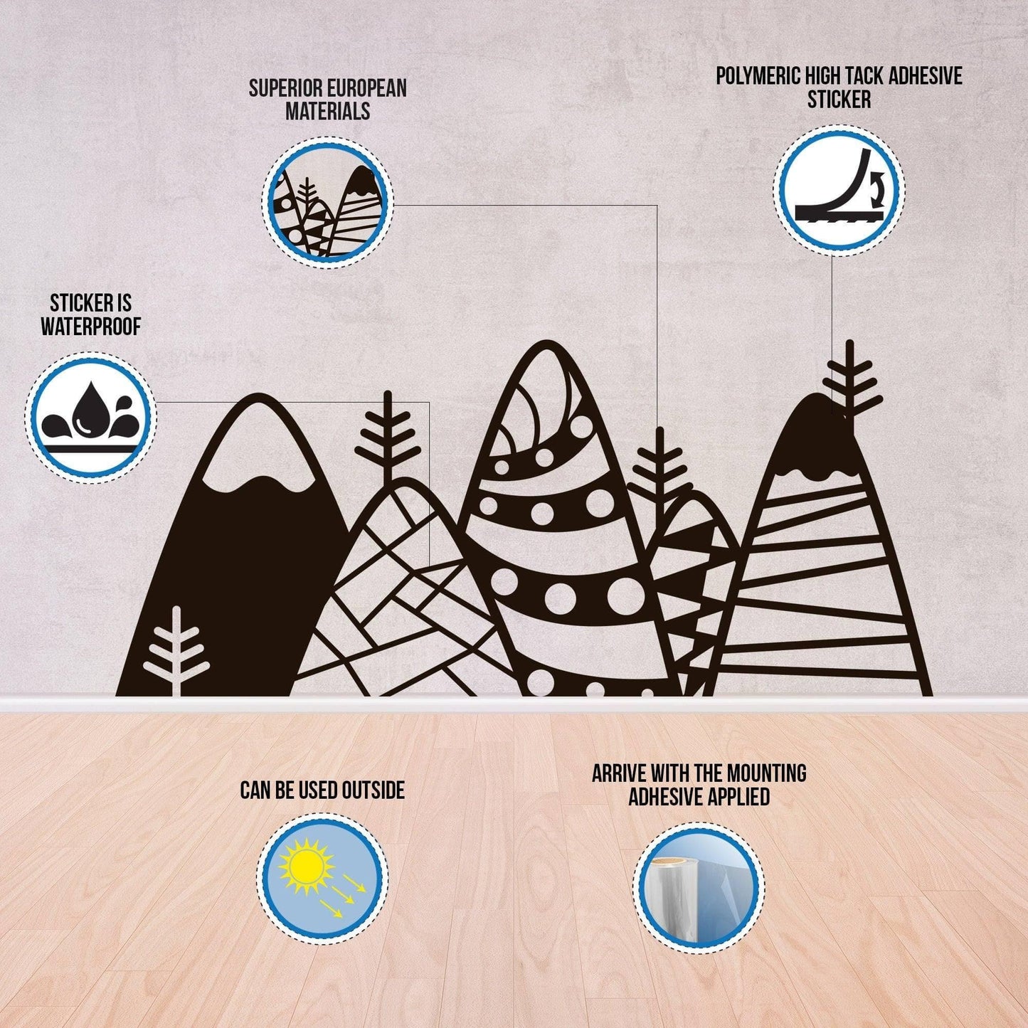 Motivational vinyl wall decal featuring mountains and trees, highlighting waterproof and high tack adhesive features.