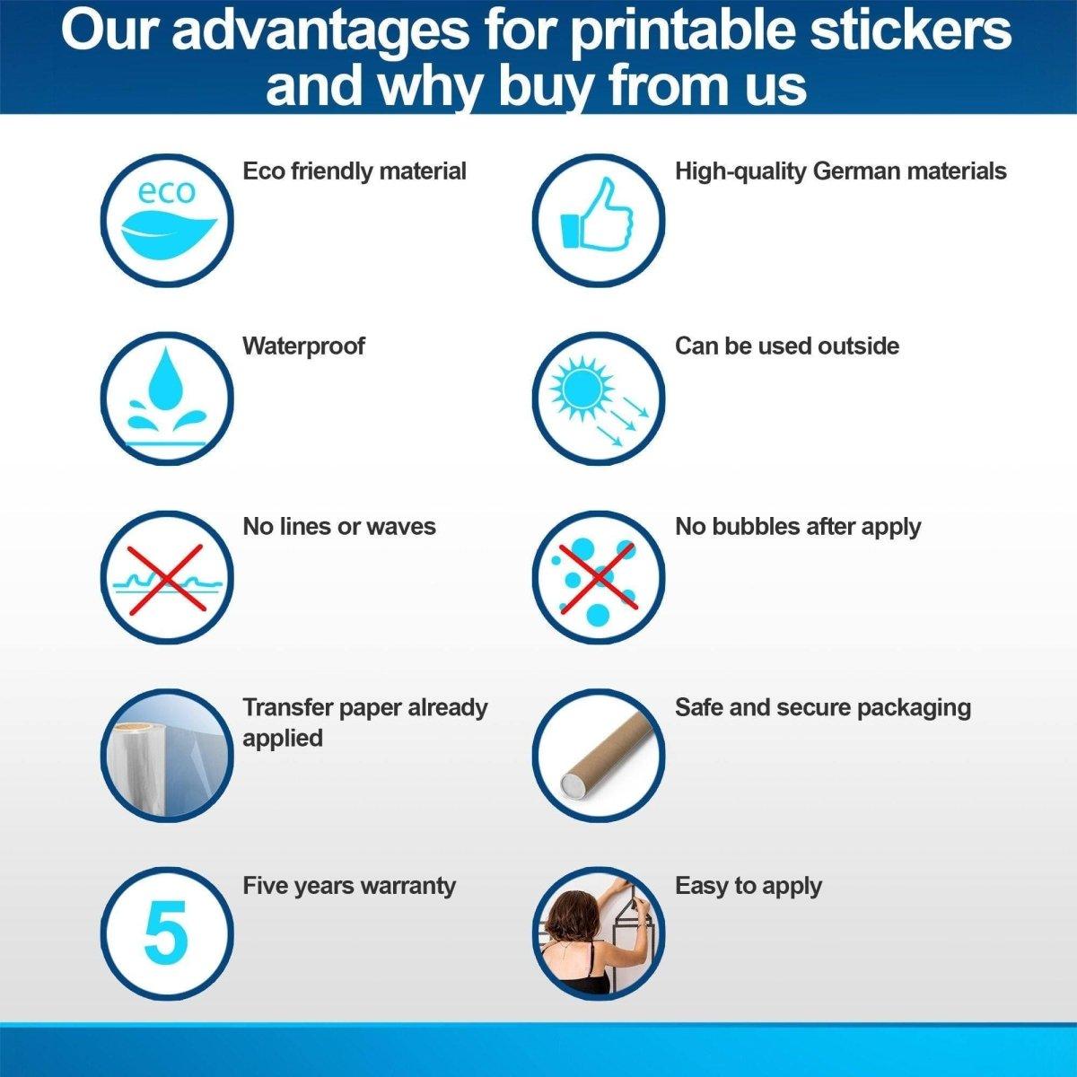 Benefits of our printable stickers: eco-friendly, waterproof, bubble-free application, high-quality materials, and easy to apply.