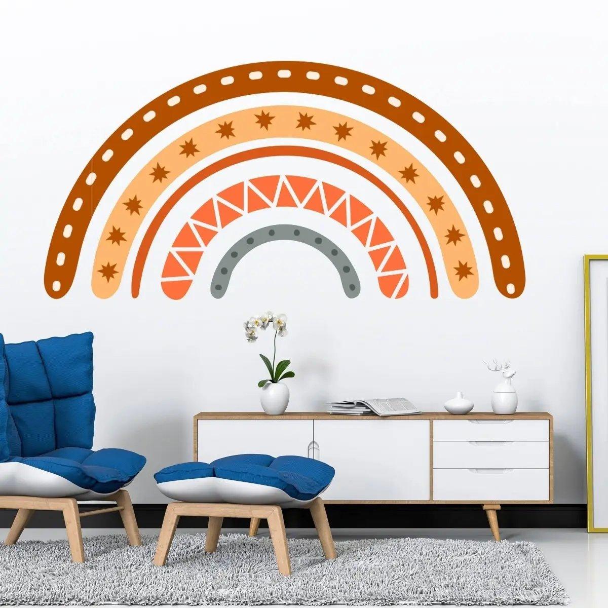 Boho rainbow wall decal in earthy tones, enhancing a modern living space with charm and style.