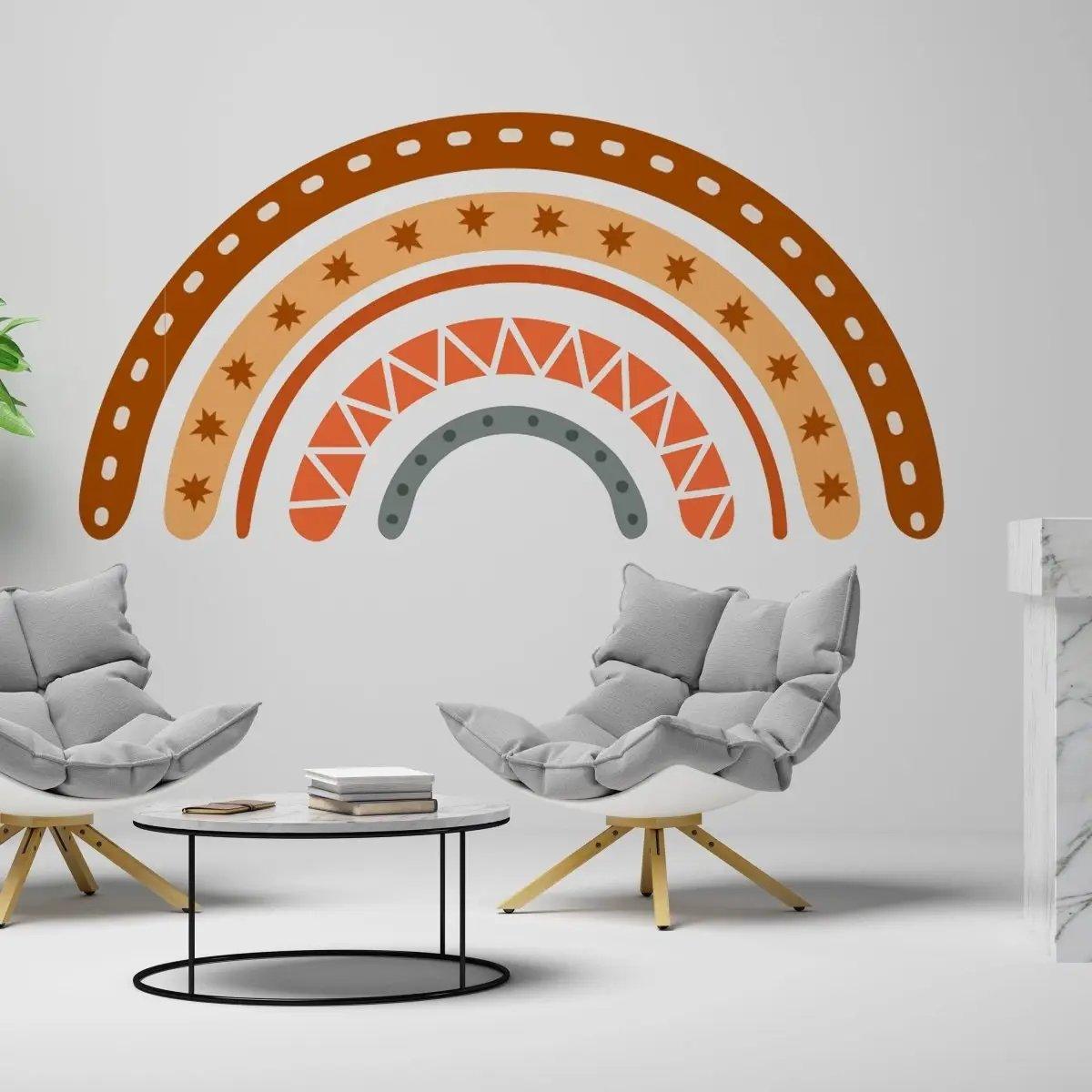 Boho chic multicolor rainbow wall decal above modern chairs in a stylish room setting.