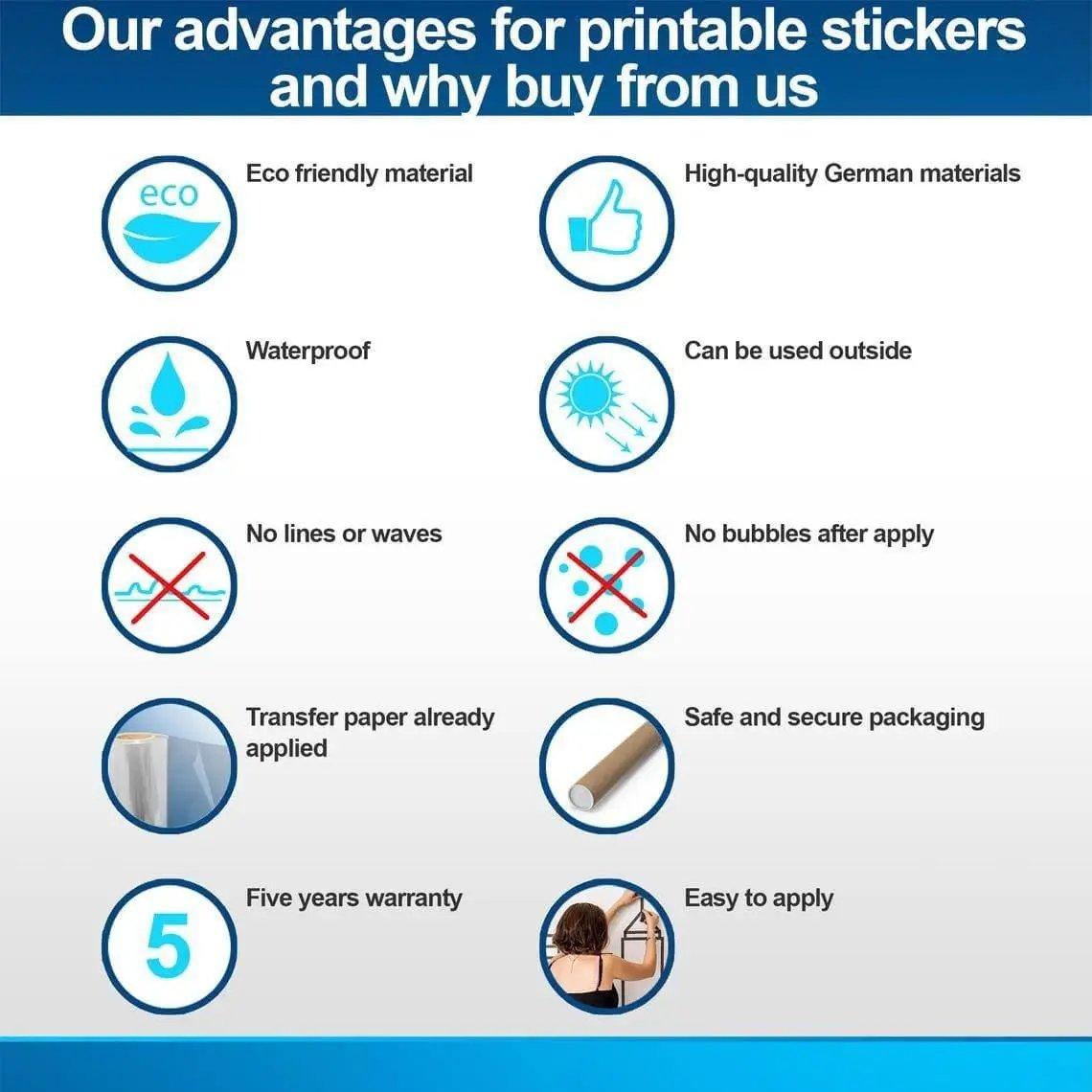 Infographic highlighting advantages of printable stickers, including eco-friendly, waterproof, and easy to apply.
