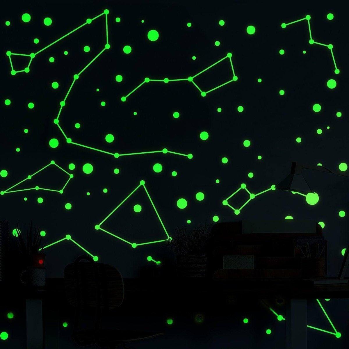 Glow in the dark zodiac star wall decals showcasing constellations and stars, perfect for children’s room decor.