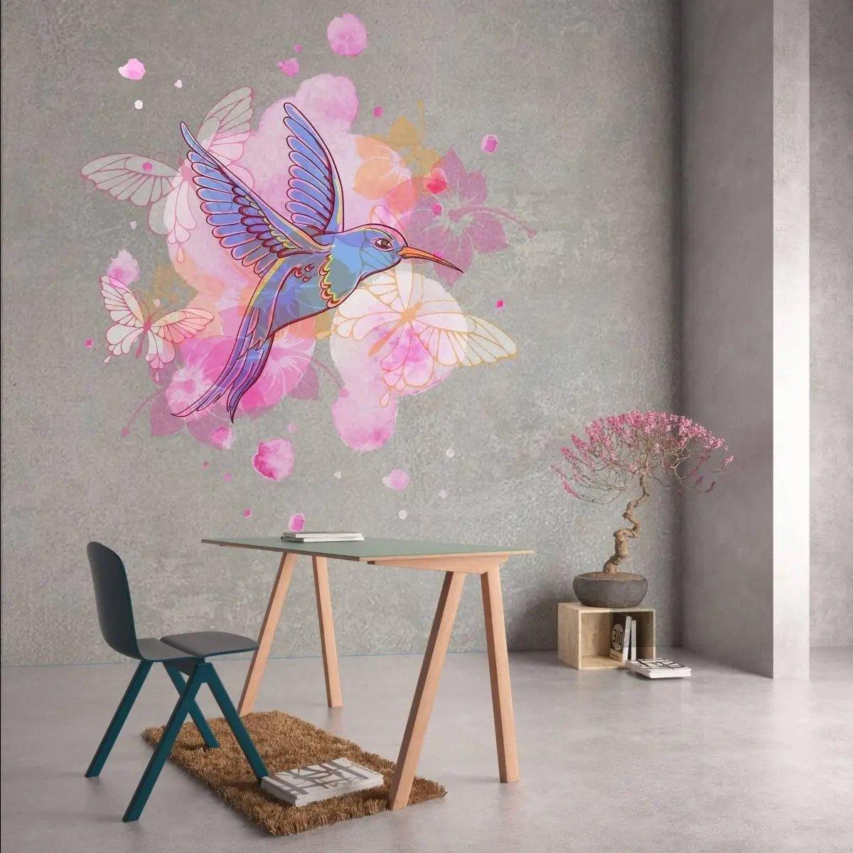 Colorful hummingbird wall vinyl sticker in modern home office decor, enhancing charm and elegance.