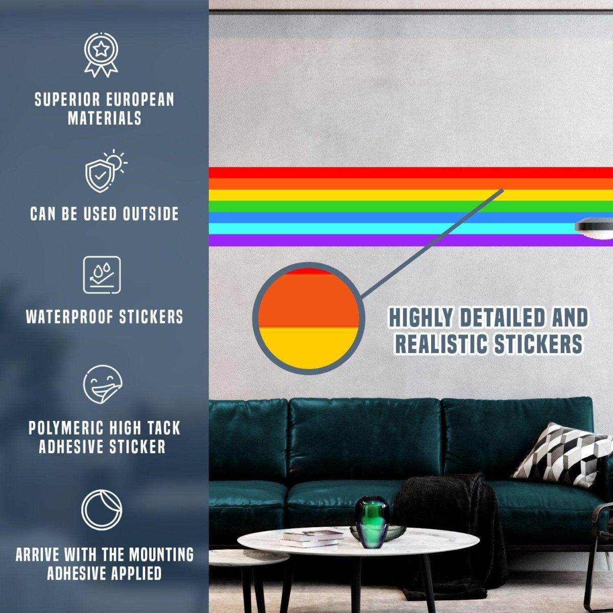 Vibrant Rainbow Spectrum Adhesive Wall Decal features waterproof material and easy installation, perfect for colorful room decor.