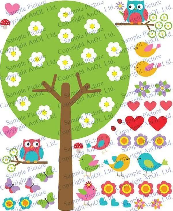 Colorful nursery tree wall sticker with whimsical birds, flowers, and owls, perfect for kids' playroom or bedroom decor.