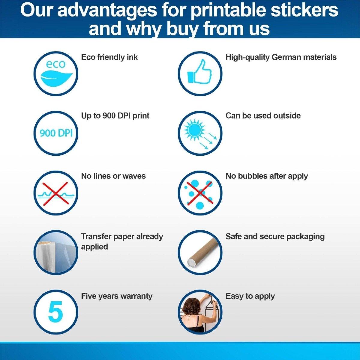 Advantages of our printable stickers: eco-friendly ink, high-quality materials, easy application, and five-year warranty.