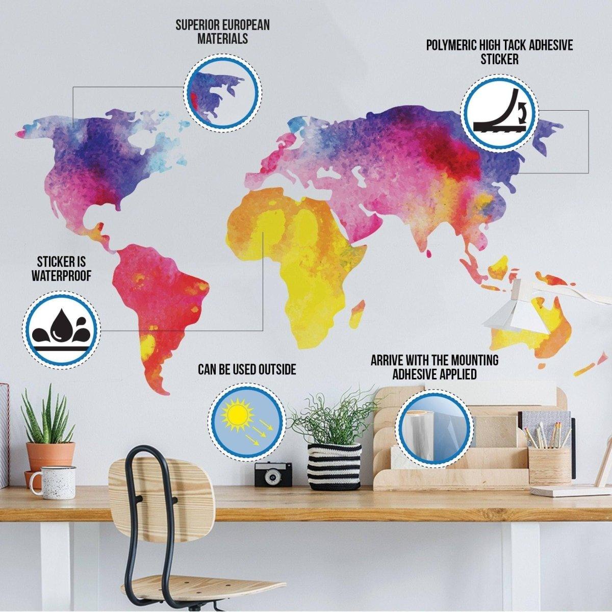 Colorful world map sticker with waterproof features and high tack adhesive on a bright office wall.