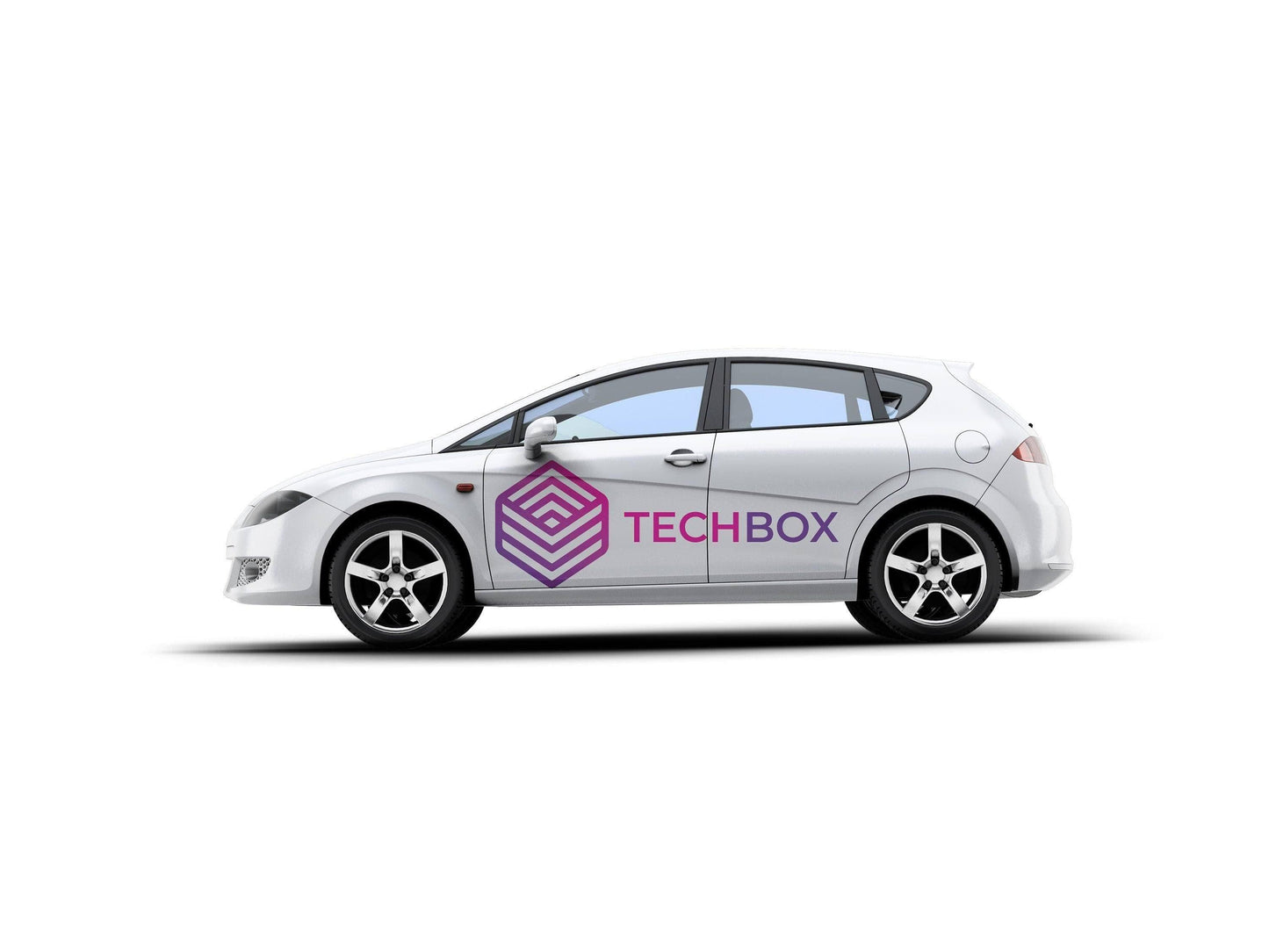 White car with TECHBOX logo vinyl decal on the side, showcasing custom car sticker design for personalized auto art.
