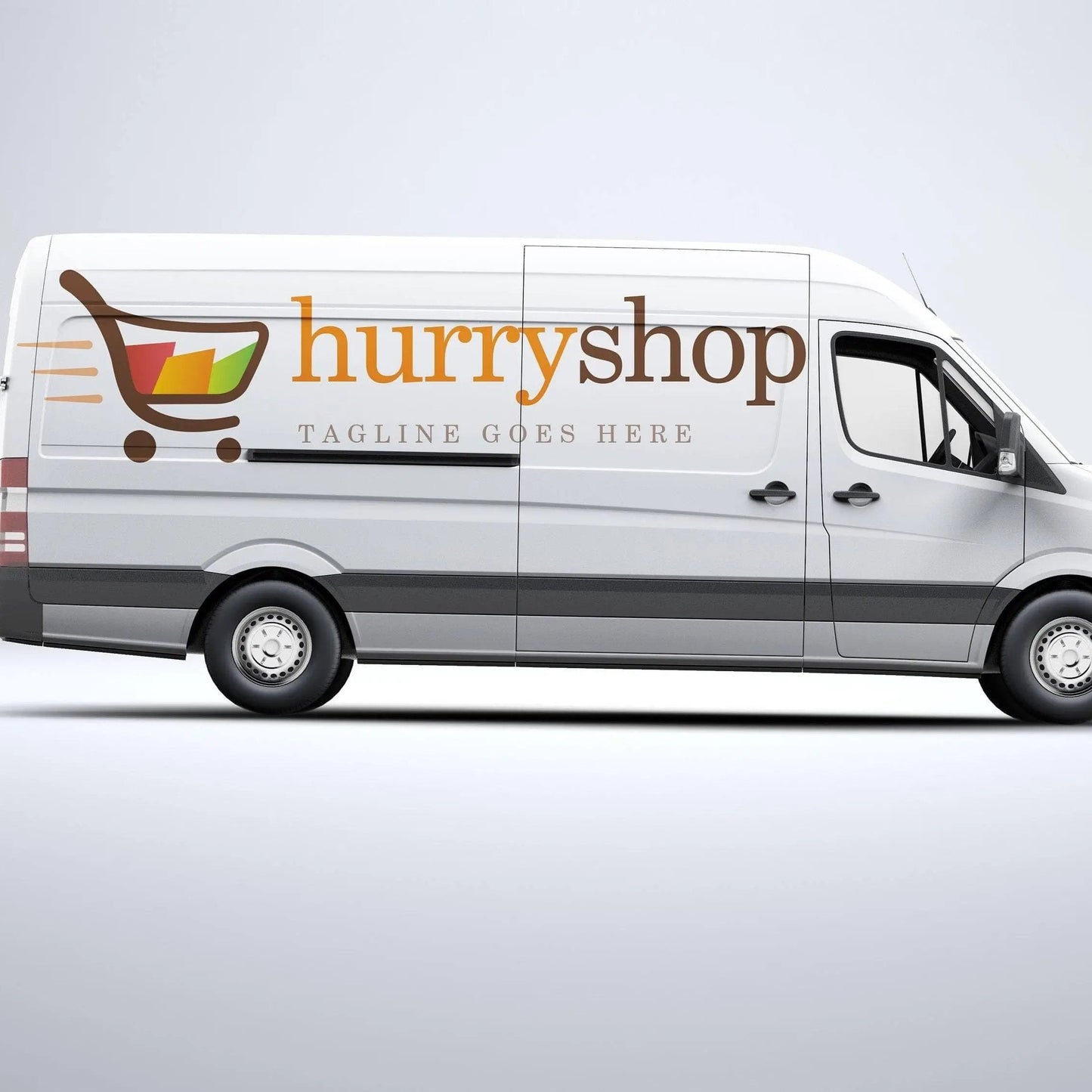White delivery van with 'hurryshop' logo and shopping cart design, showcasing an efficient service.