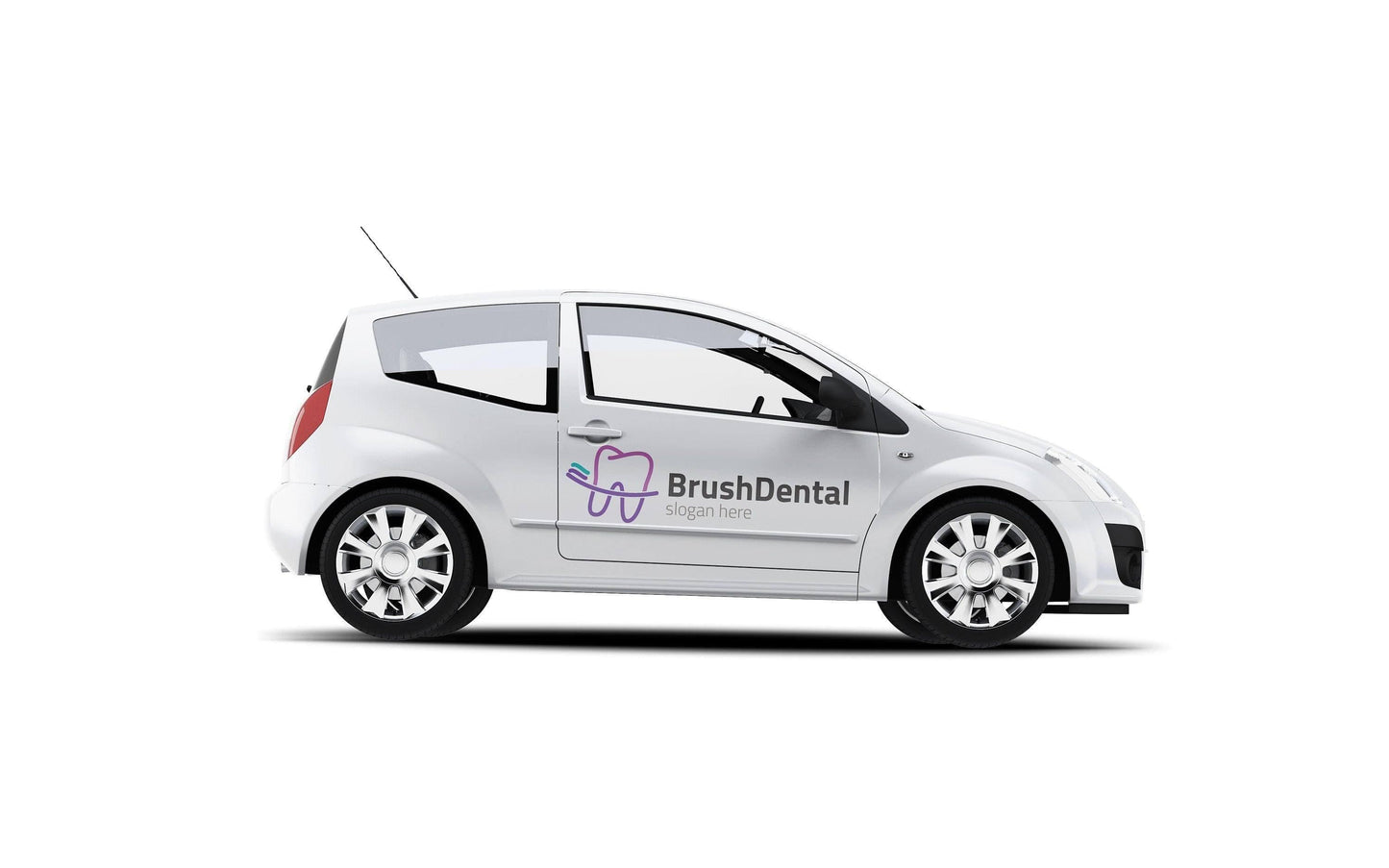 Custom white car featuring a BrushDental logo decal, showcasing vehicle branding in a stylish design.