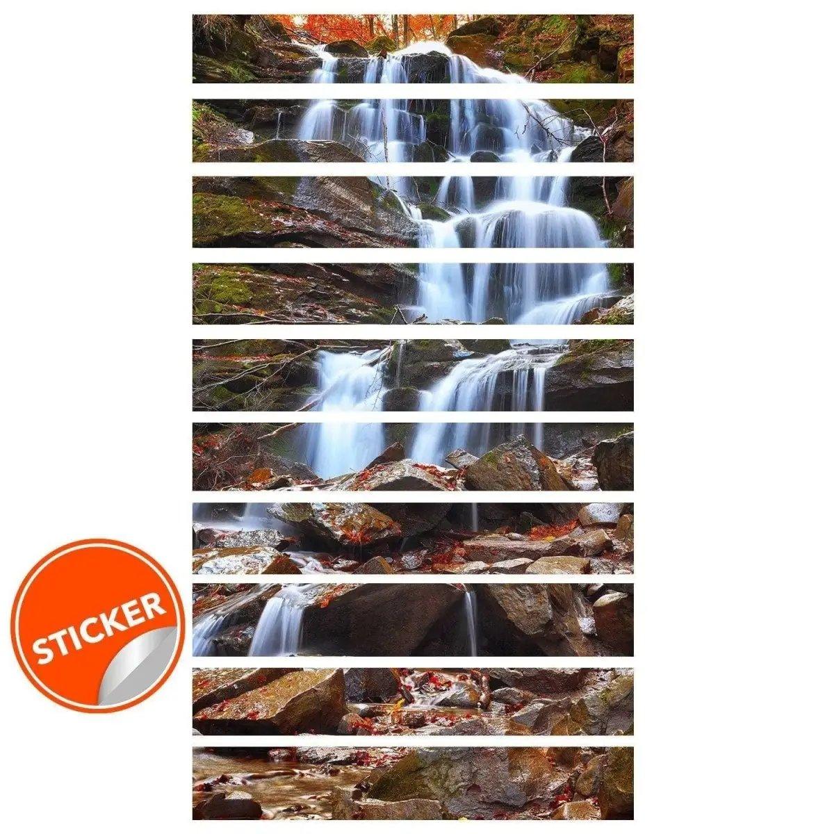 Custom fit stair riser decals with waterfall design, perfect for personalizing your stairs with style.