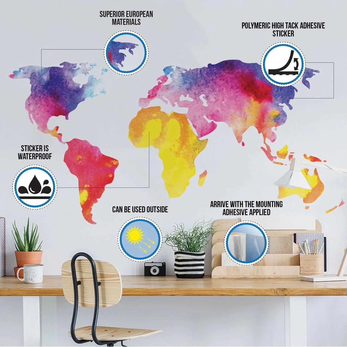 Colorful waterproof world map wall sticker with adhesive features, perfect for home or office decoration.