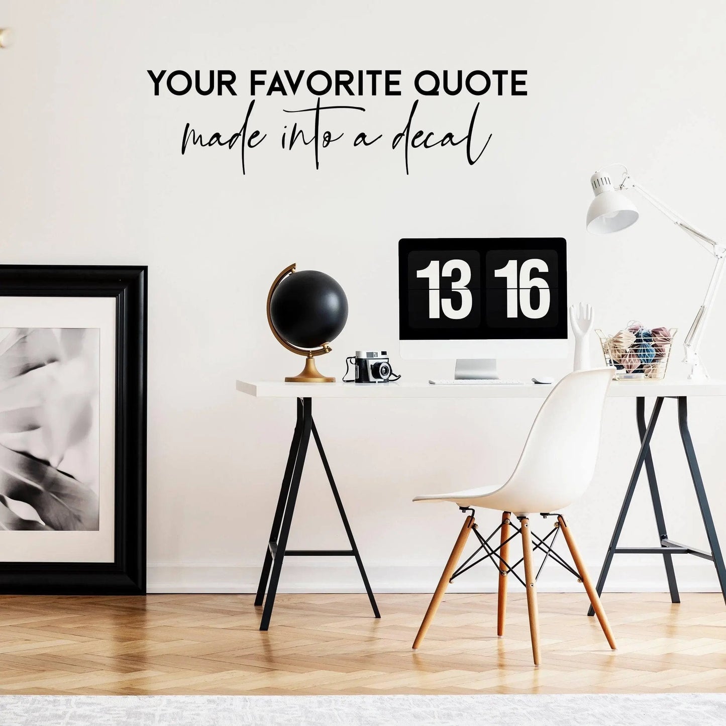 Custom vinyl wall decal with the quote 'Your Favorite Quote' in a stylish office setting.