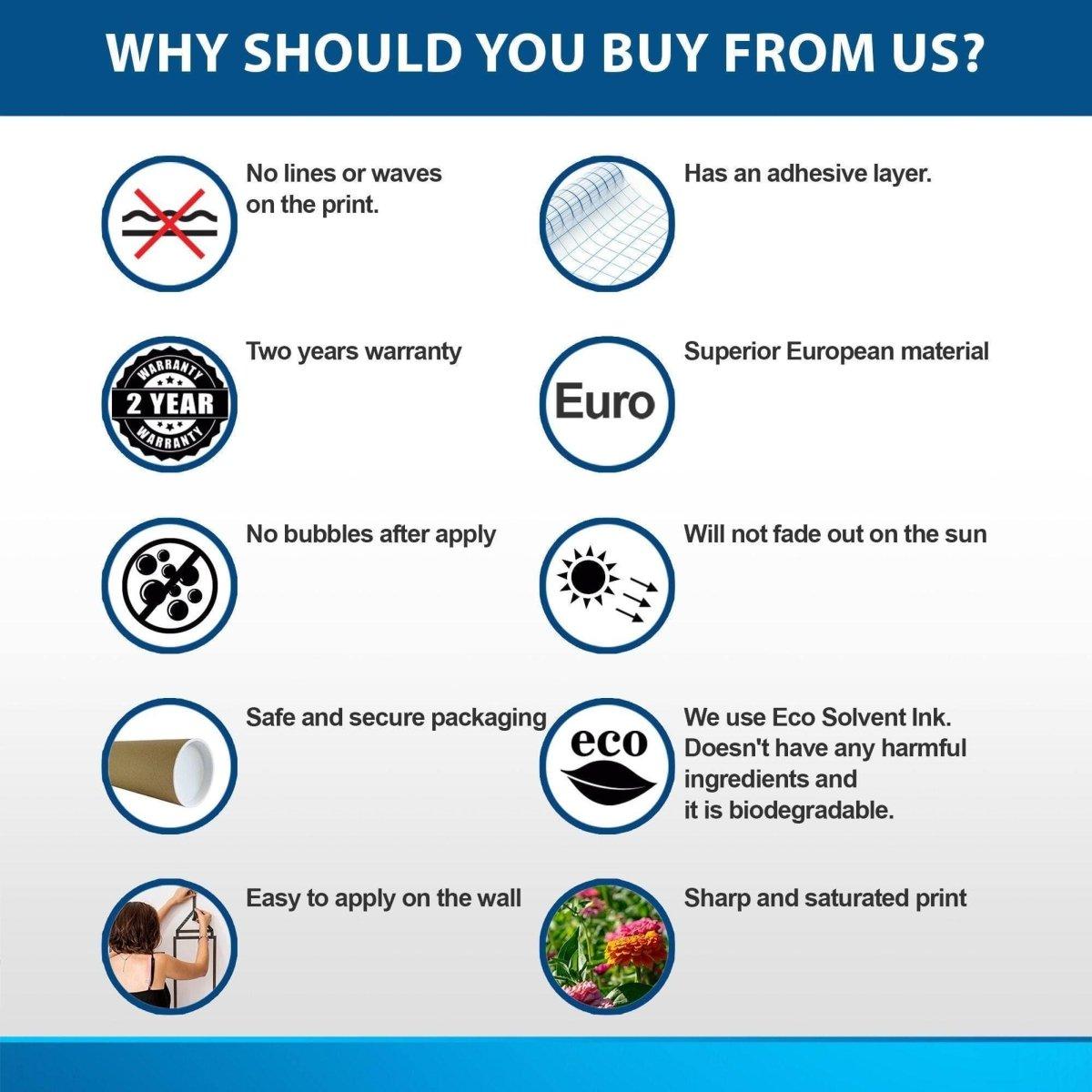 Infographic highlighting benefits of wallpaper: no bubbles, eco-friendly ink, easy application, durable and European quality.