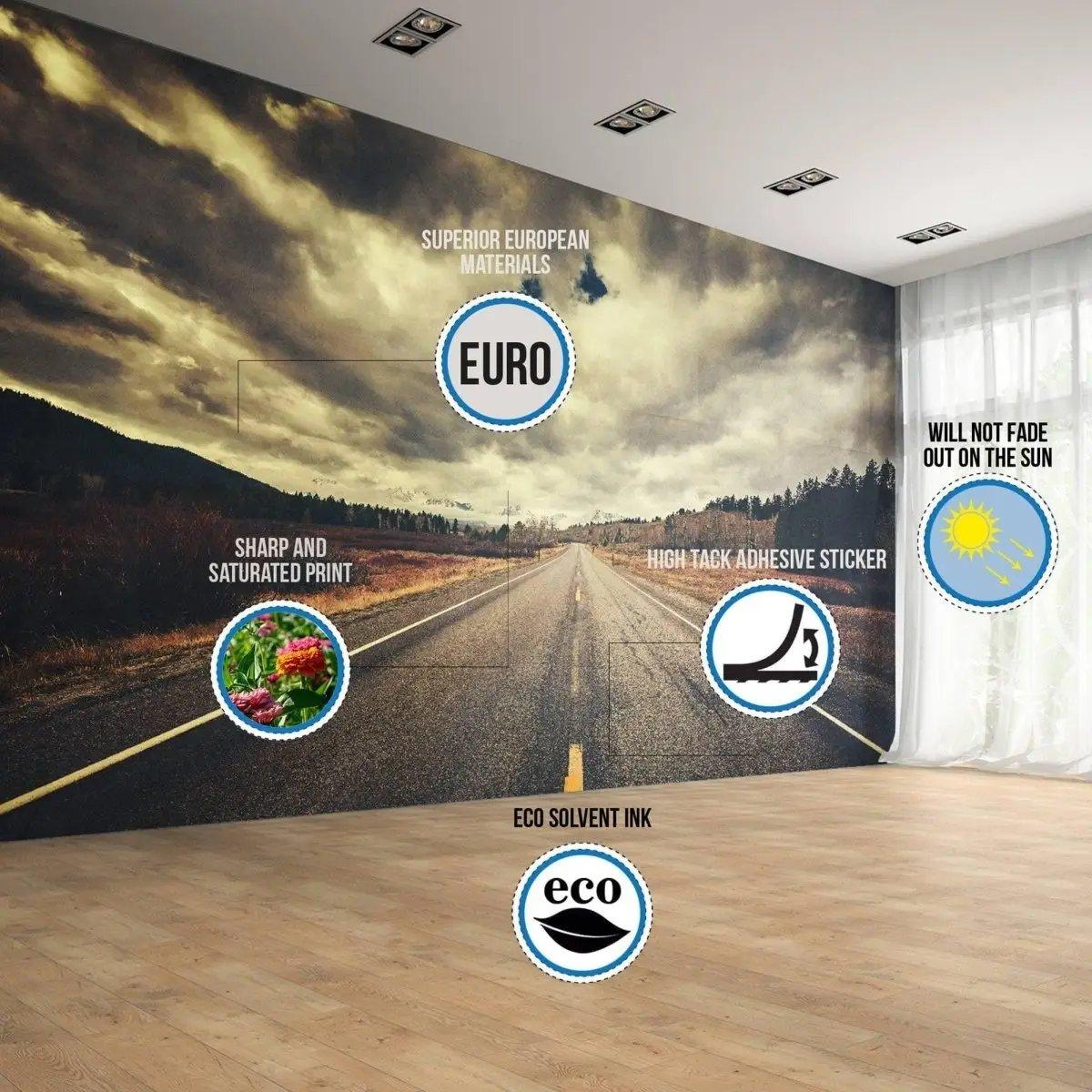 Infographic showcasing features of eco-friendly adhesive wallpaper, including materials, print quality, and durability.