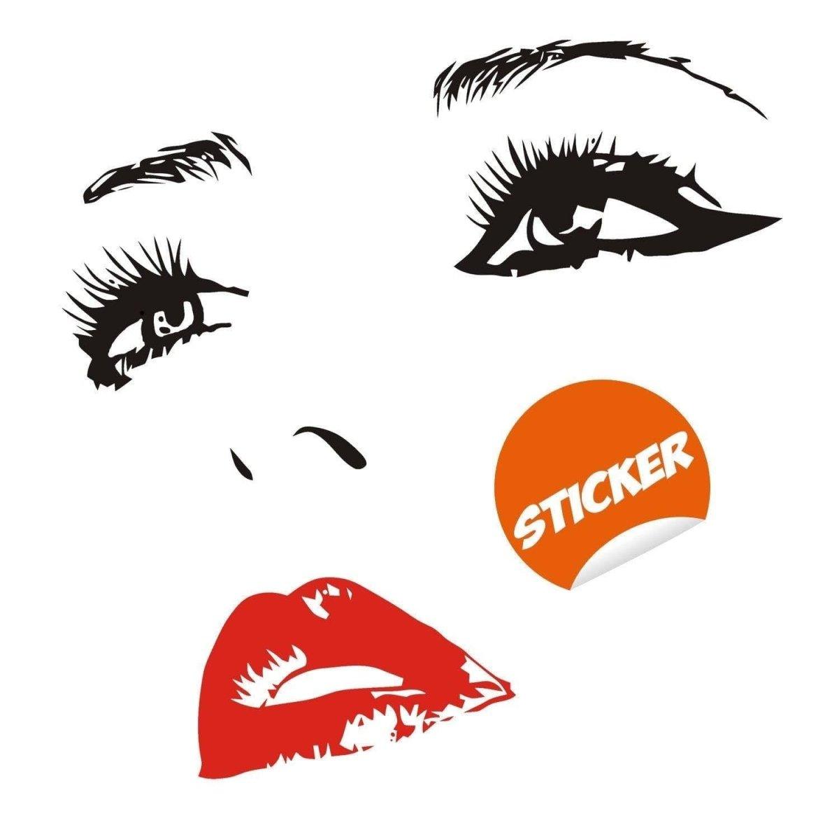 Woman face wall decal featuring elegant eyes and red lips, perfect for adding charm to any space.