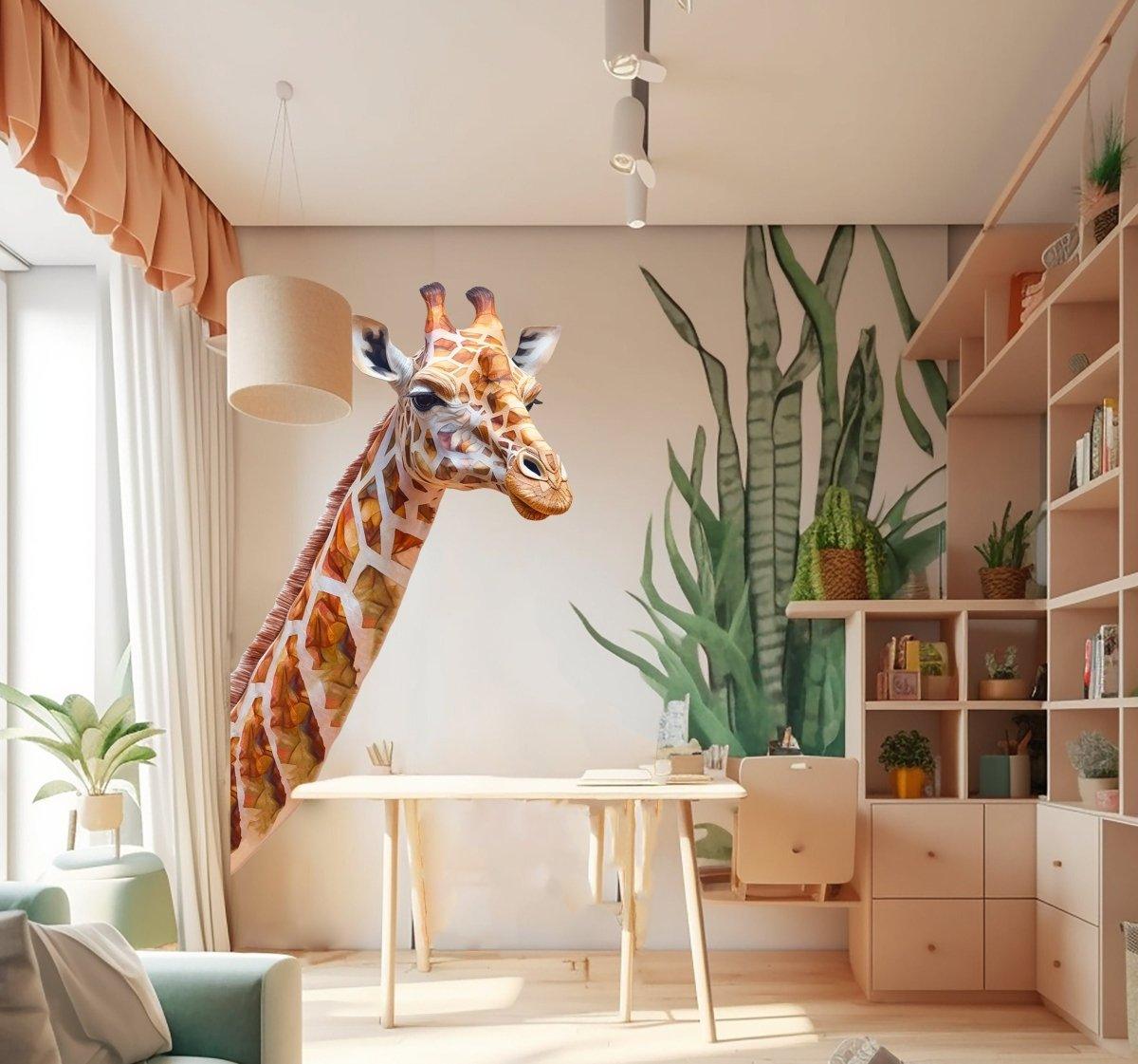 Vibrant giraffe wall decal in a stylish kid's room, adding playful safari charm to the nursery.