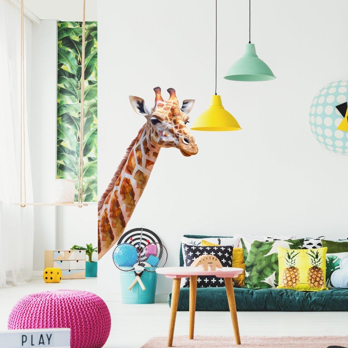 Giraffe wall decal in a vibrant kids' room, adding playful charm to the decor.