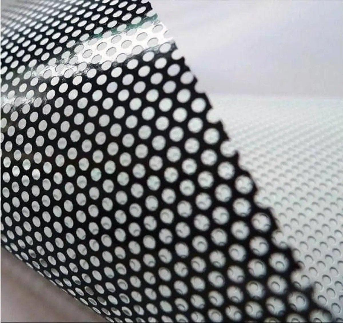 Close-up of one-way vision perforated film for rear window decals, allowing visibility and design showcase.