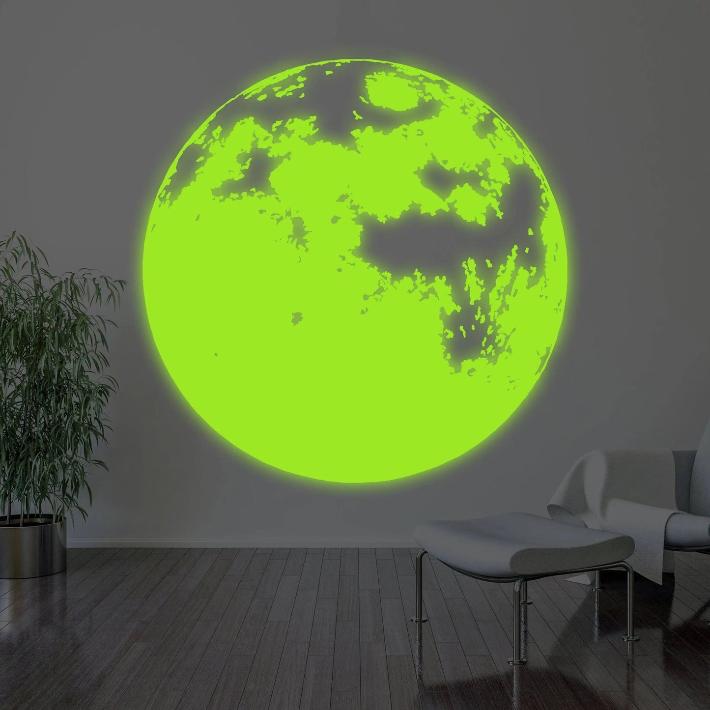 Luminous green glowing moon wall decor decal illuminating a modern room with a bright celestial design.