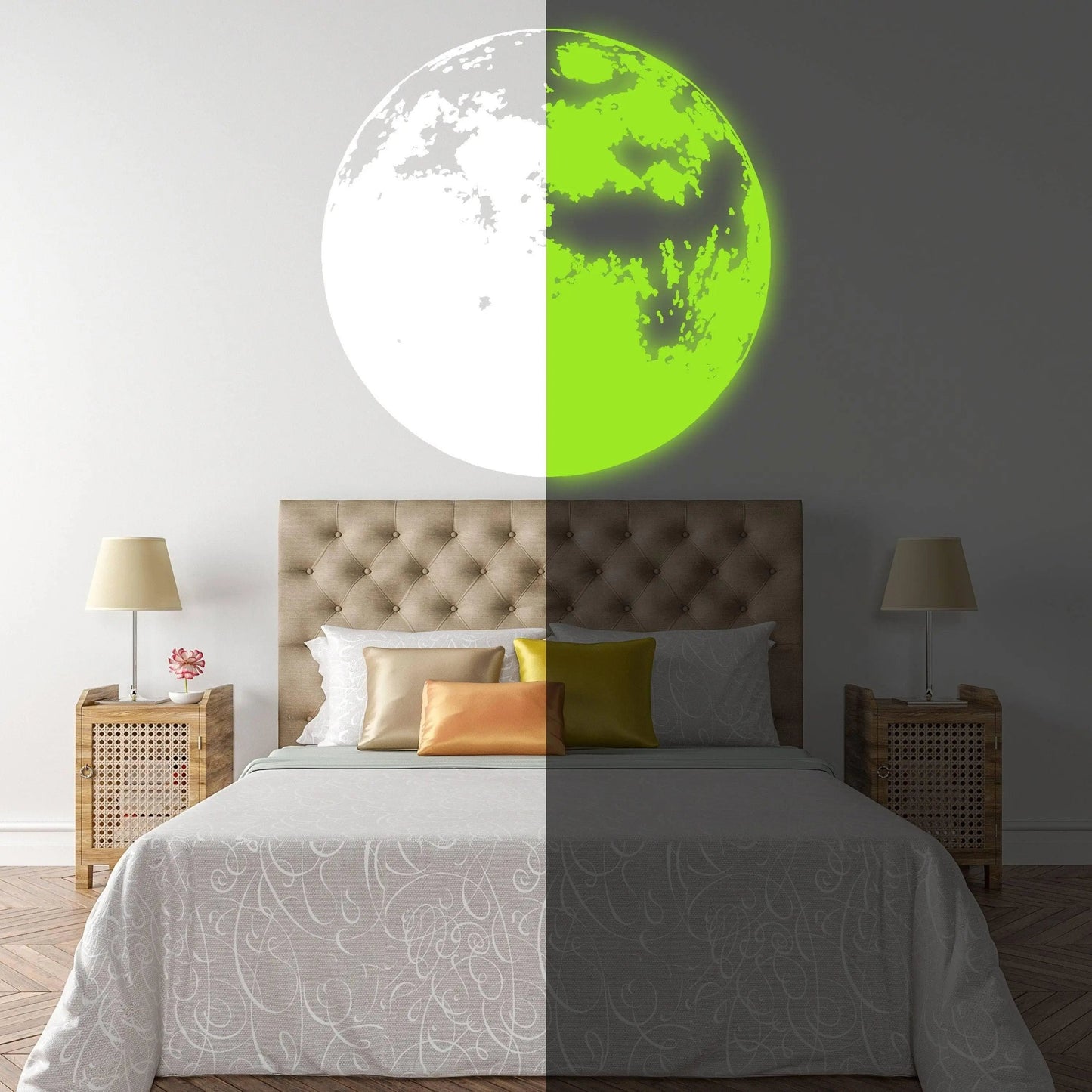 Glowing moon wall decor decal above a cozy bed, illustrates luminous effect in a child's room.